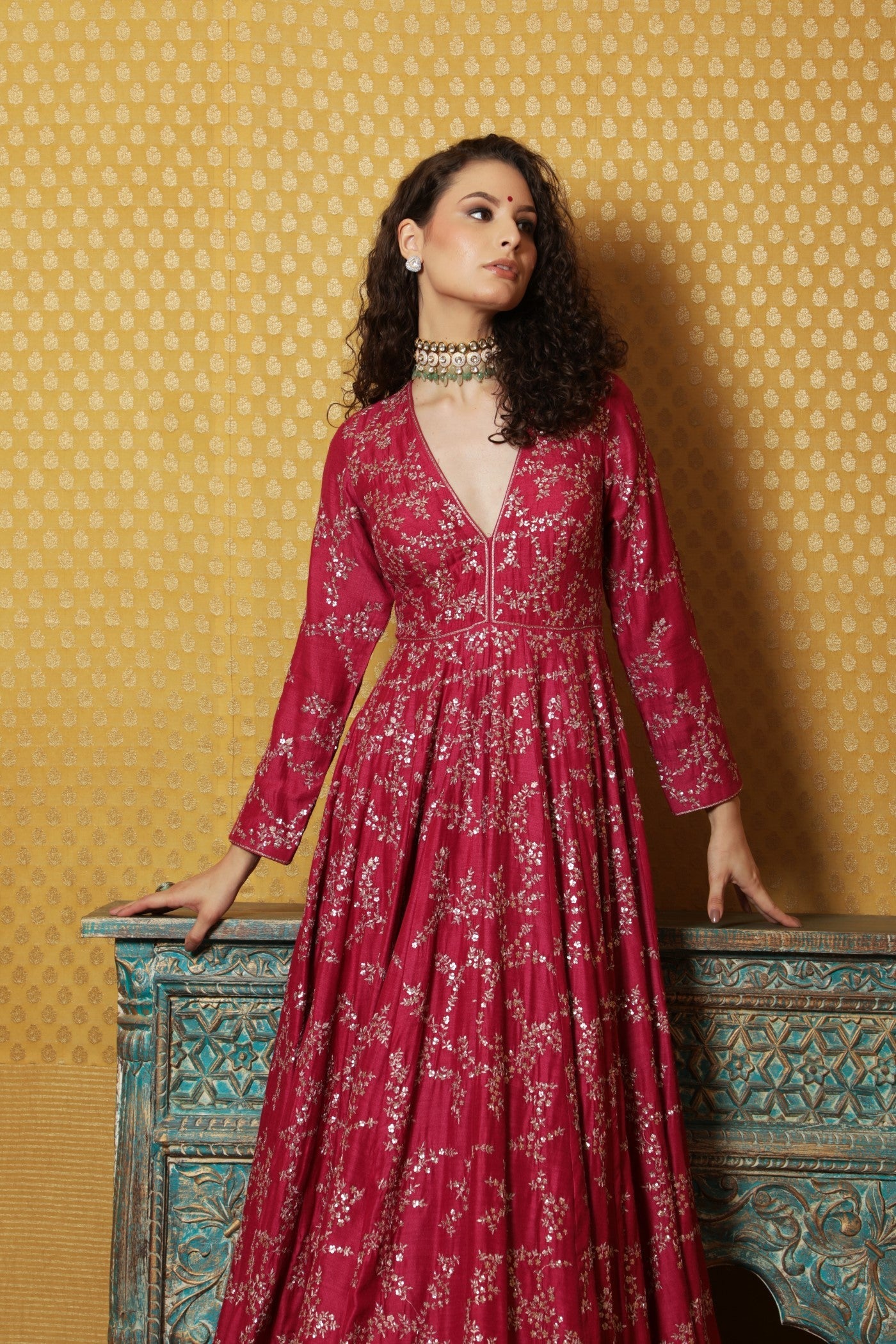 Hand-Embroidered Fuchsia-Pink Pure Muga-Silk Anarkali Dress