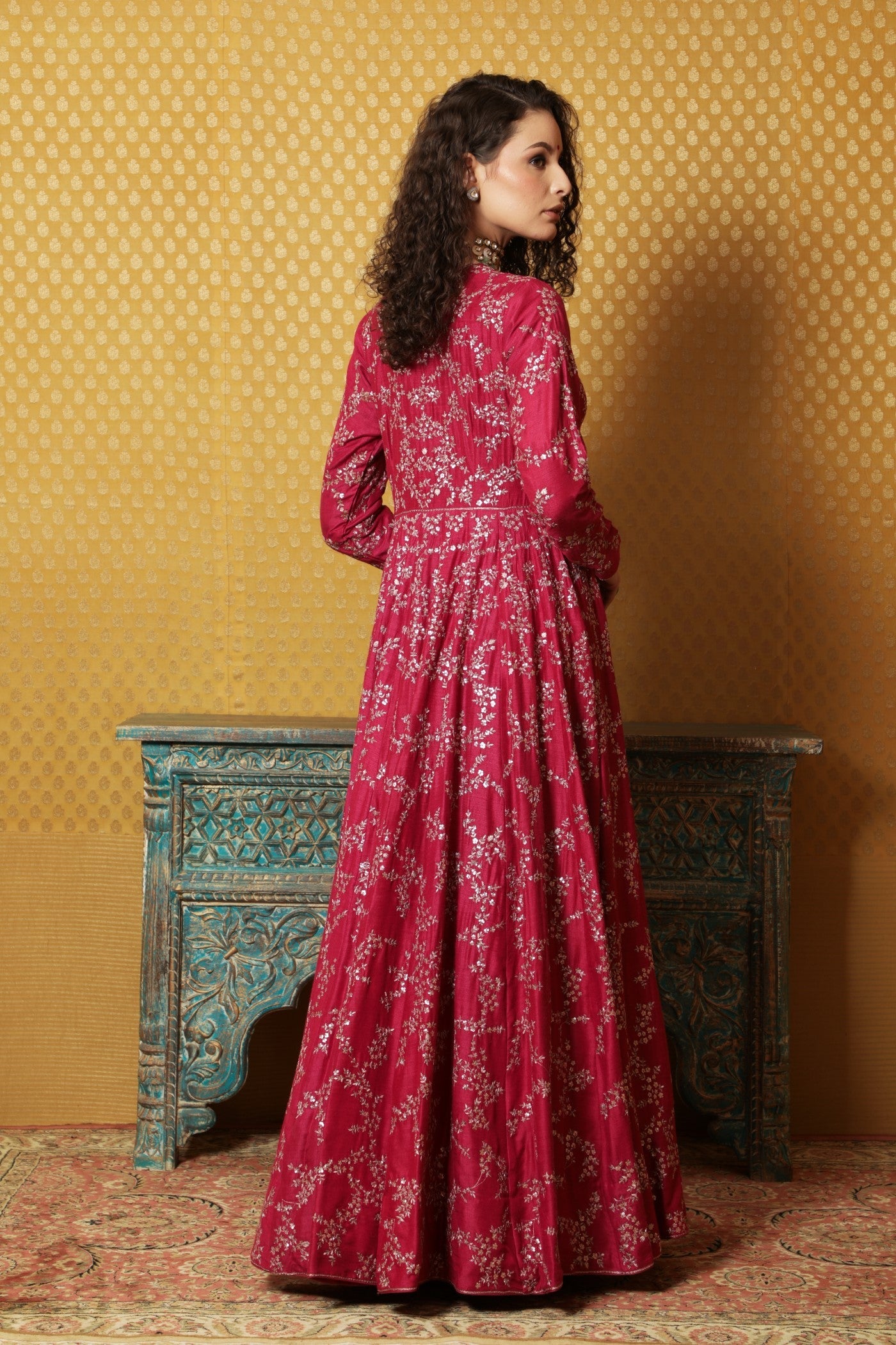 Hand-Embroidered Fuchsia-Pink Pure Muga-Silk Anarkali Dress