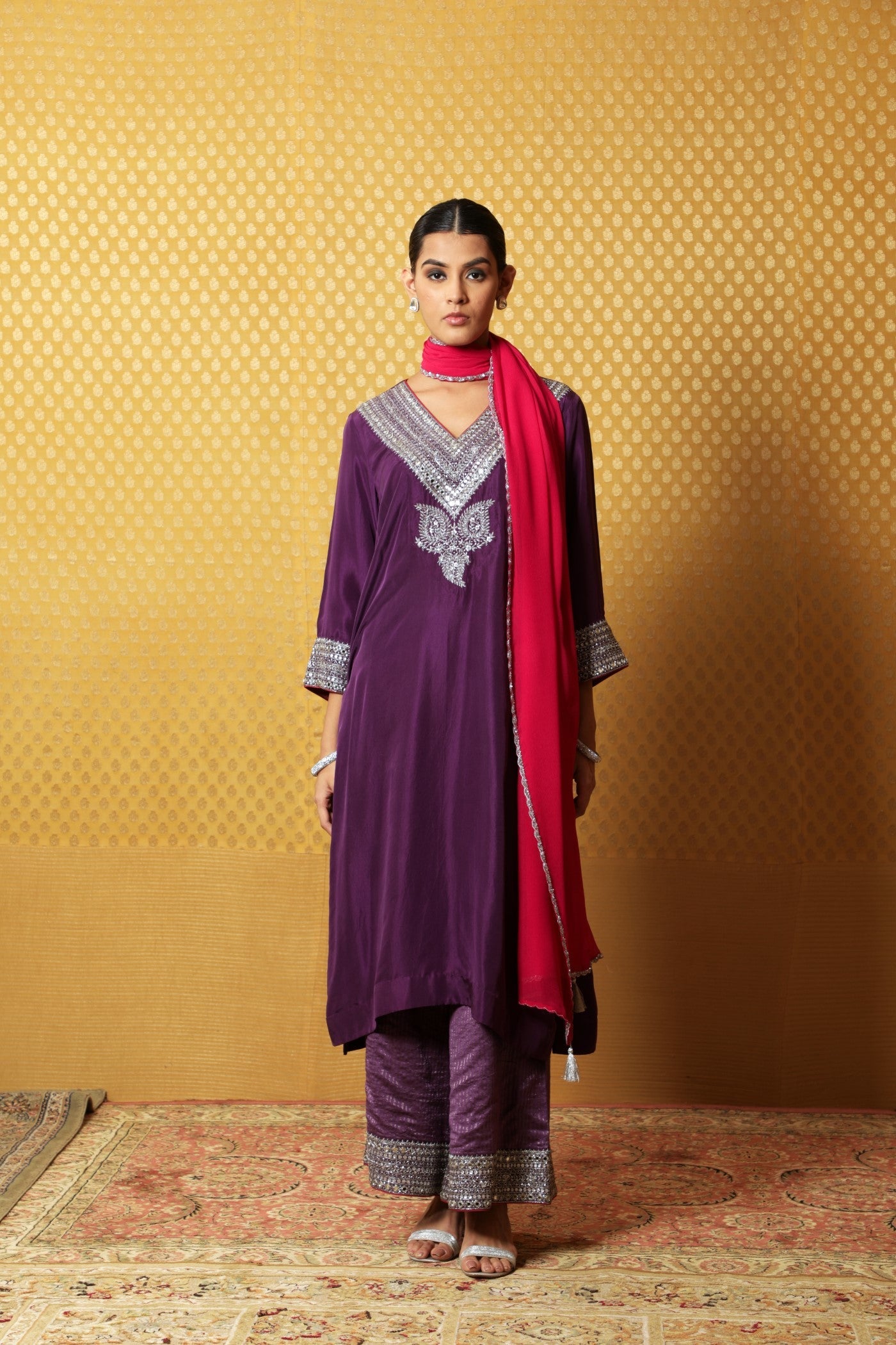 Hand-Embroidered Aubergine Pure Silk Kurta-Palazzo Set