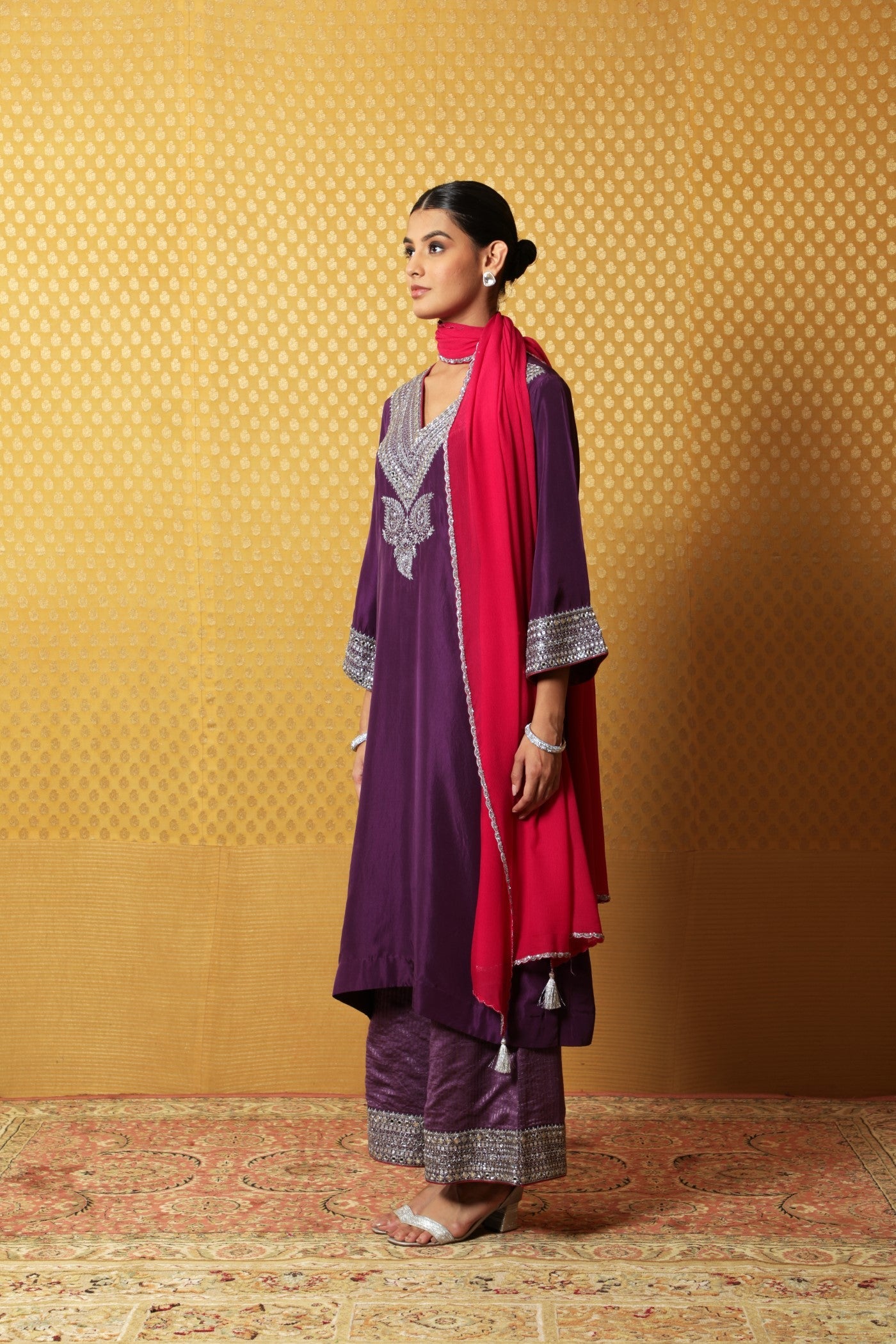 Hand-Embroidered Aubergine Pure Silk Kurta-Palazzo Set