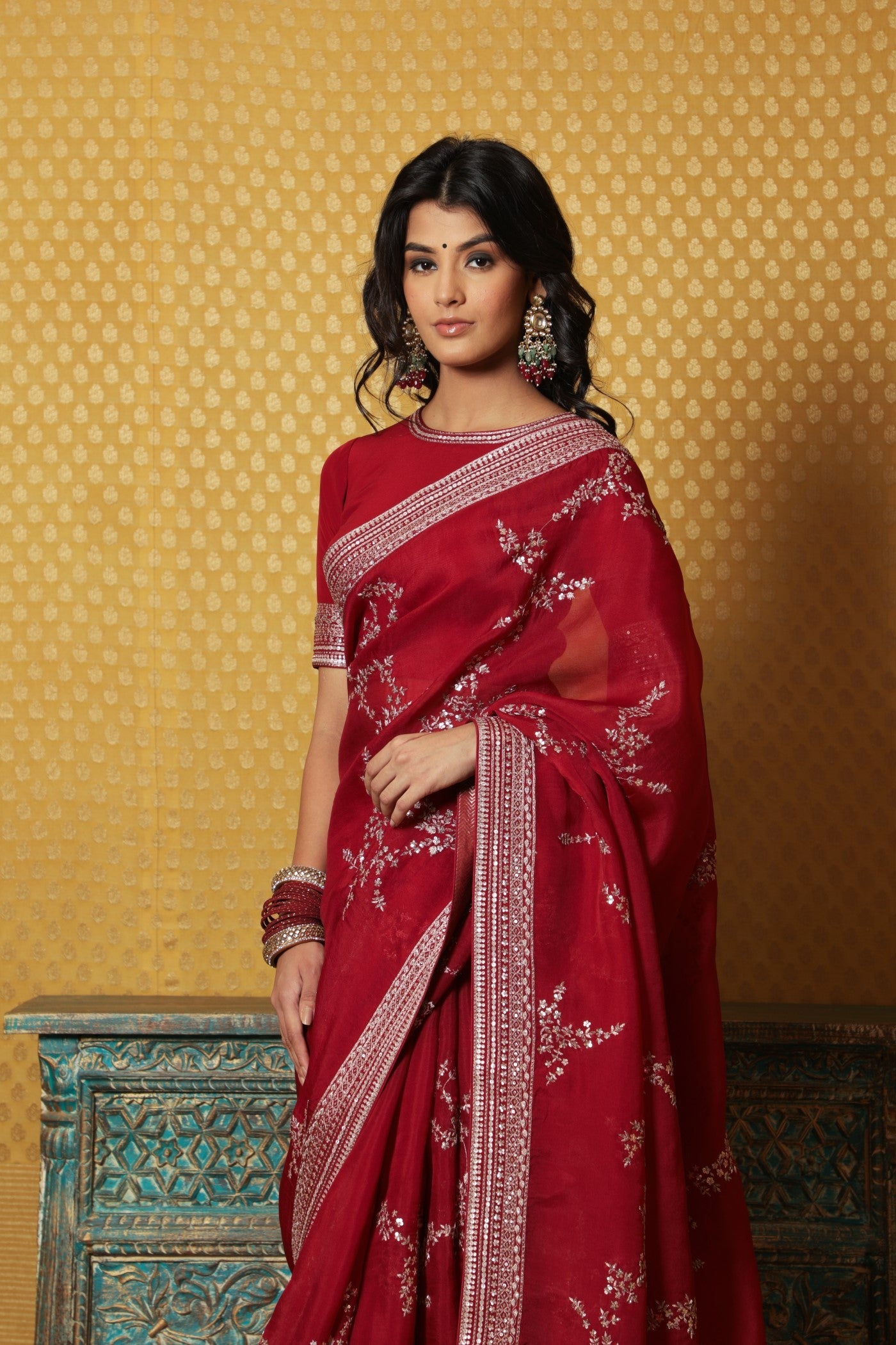 Hand-Embroidered Maroon Pure Silk- Organza Saree-Blouse Set