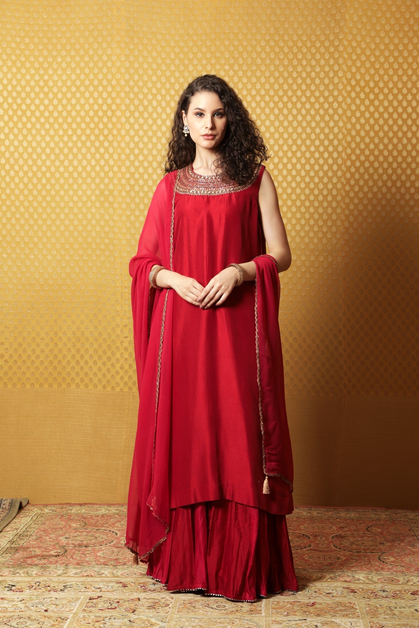 Hand-Embroidered Red Pure Silk Kurta- Sharara Set