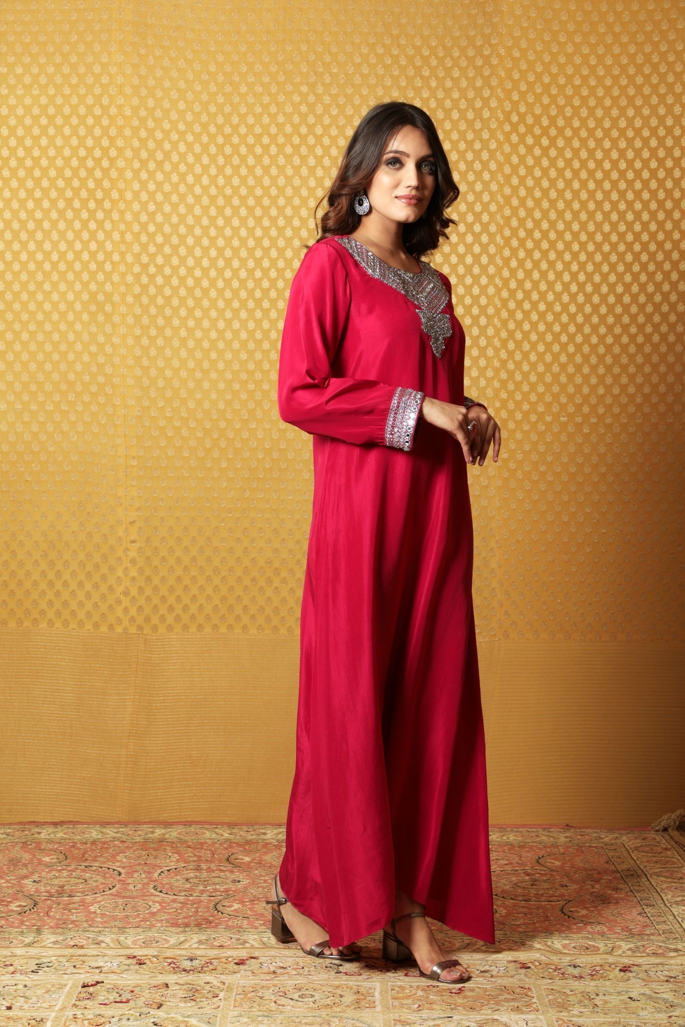 Jazzy-Pink Hand-Embroidered Pure Silk Long Dress