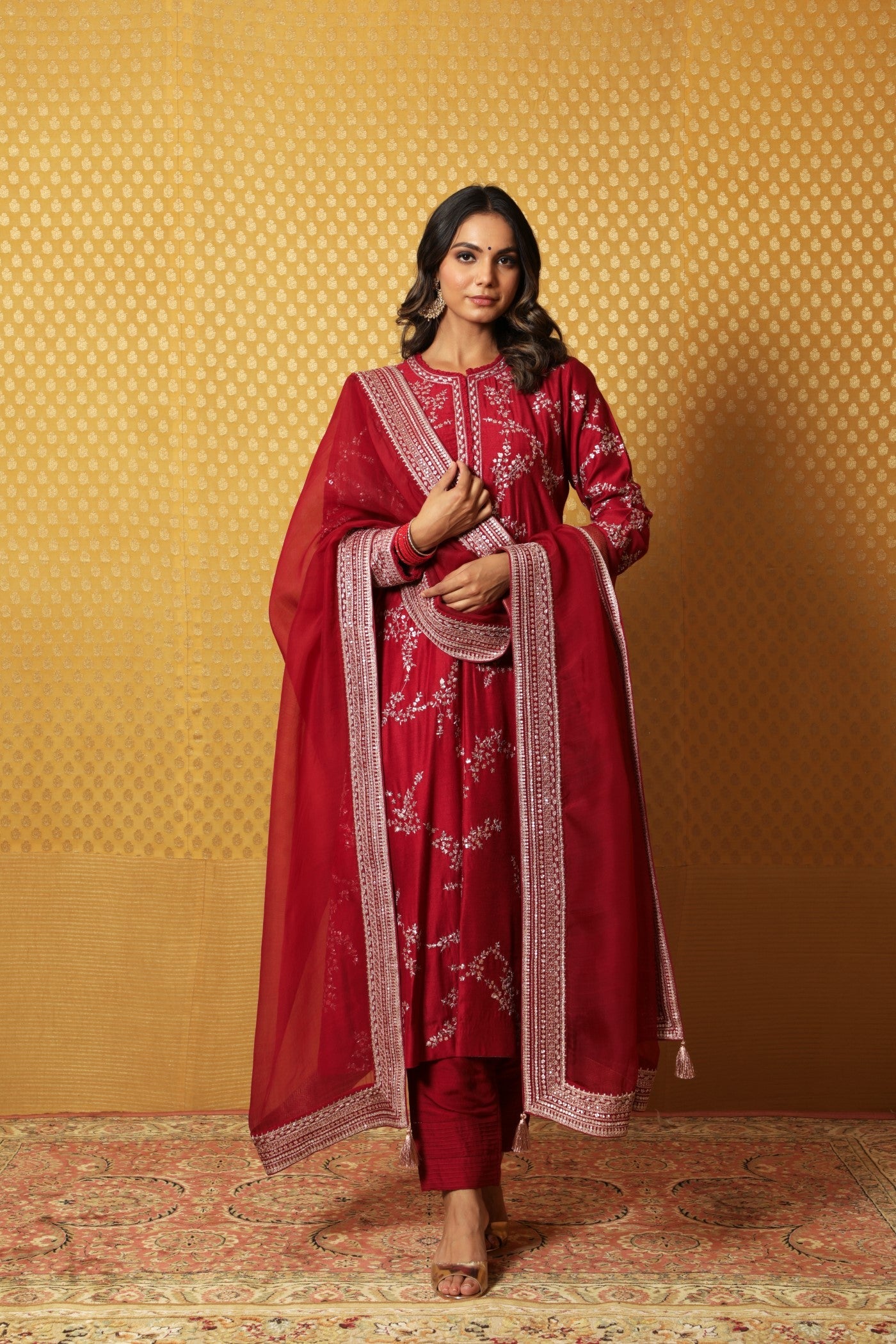 Hand-Embroidered Maroon Pure Muga-Silk Kurta-Pants Set