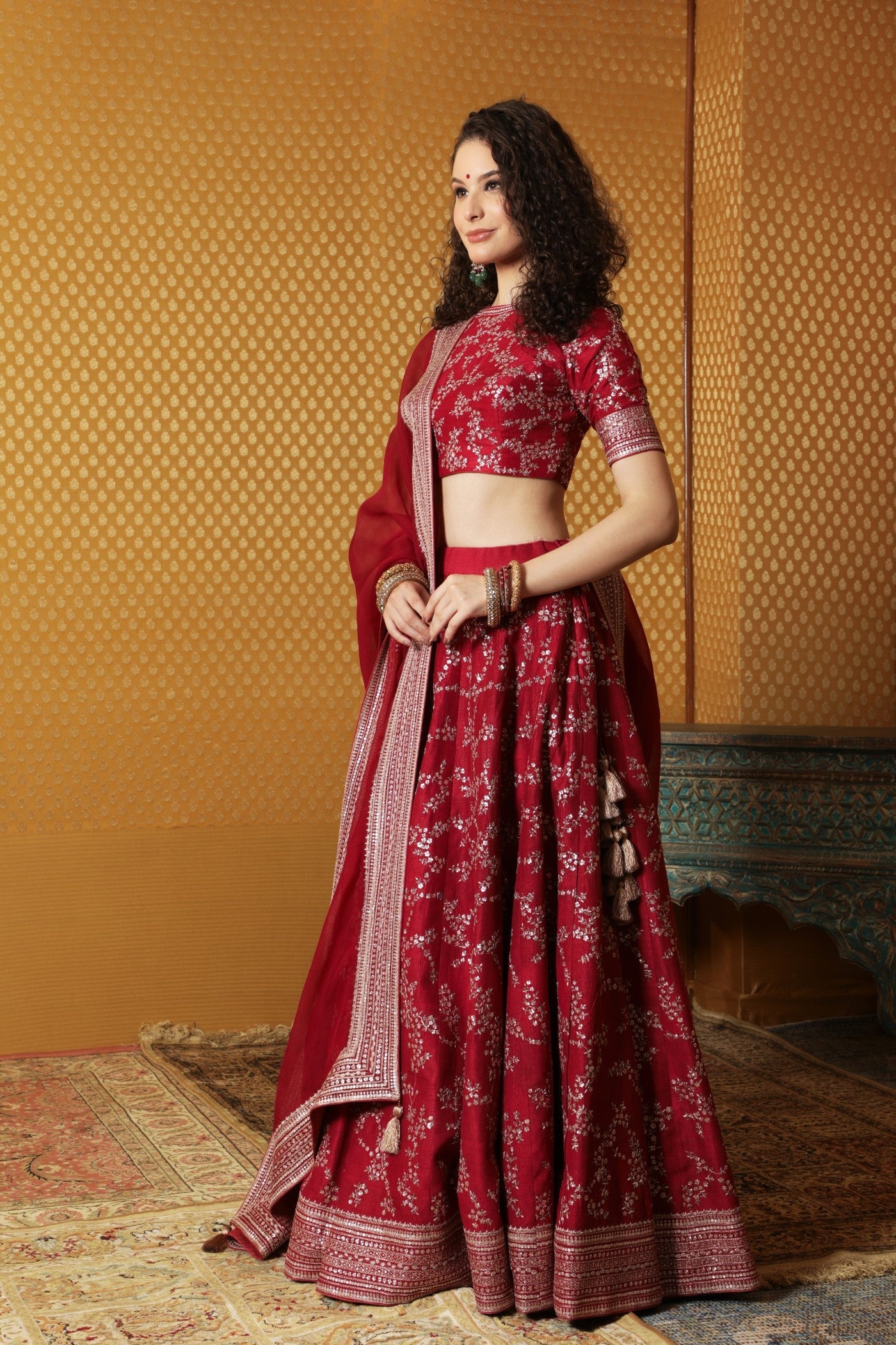 Hand-Embroidered Maroon Pure Matka- Silk Lehenga-Blouse Set