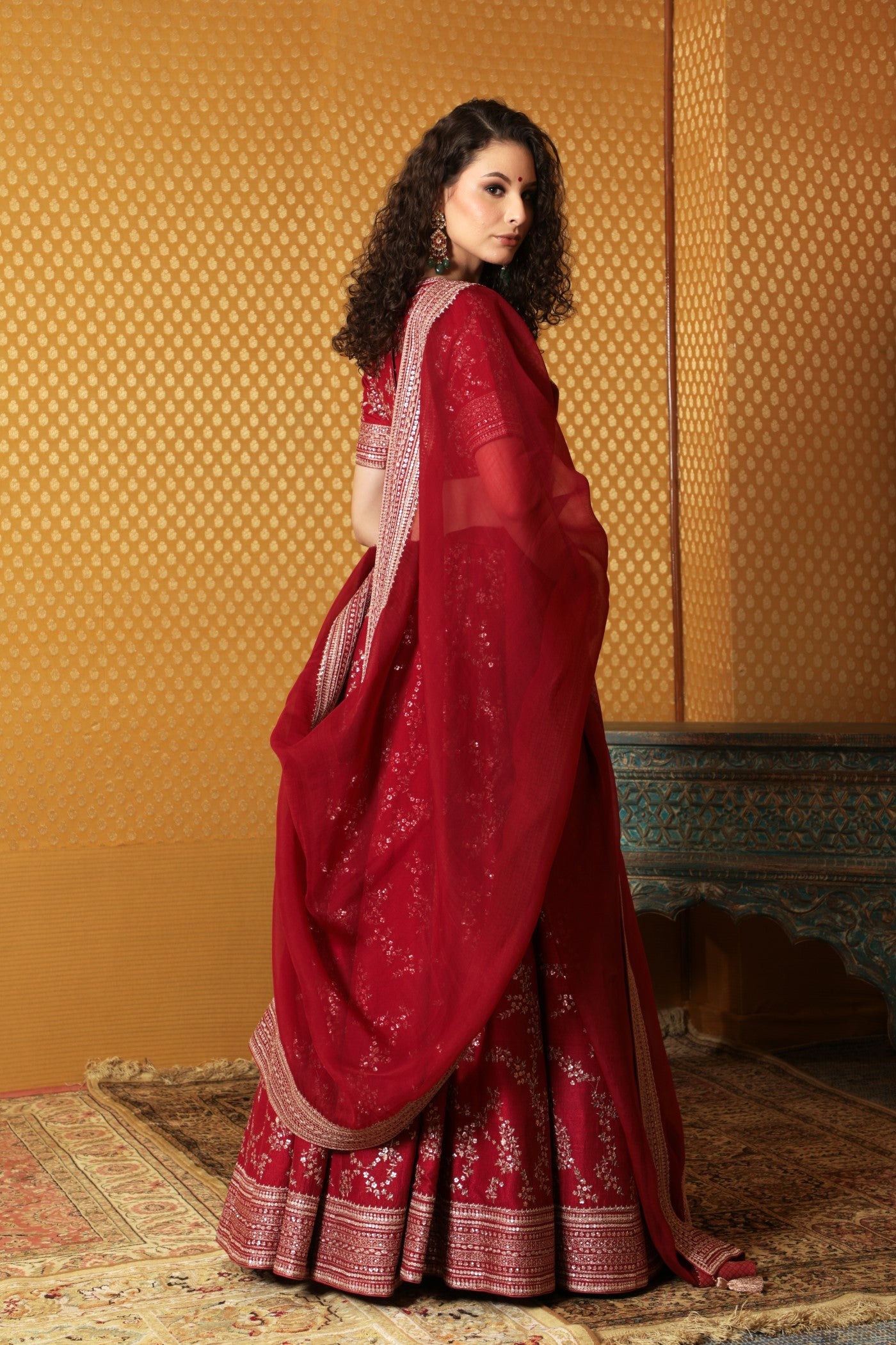 Hand-Embroidered Maroon Pure Matka- Silk Lehenga-Blouse Set