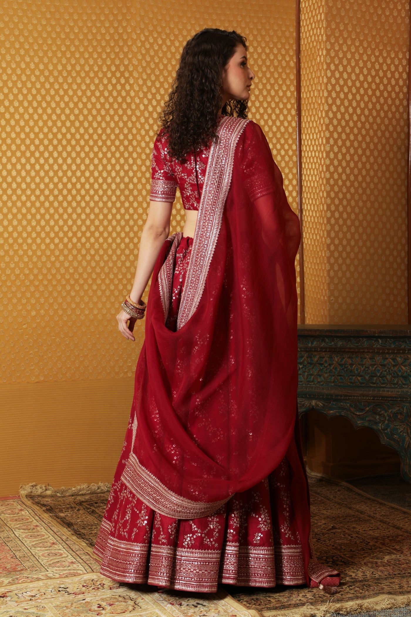 Hand-Embroidered Maroon Pure Matka- Silk Lehenga-Blouse Set