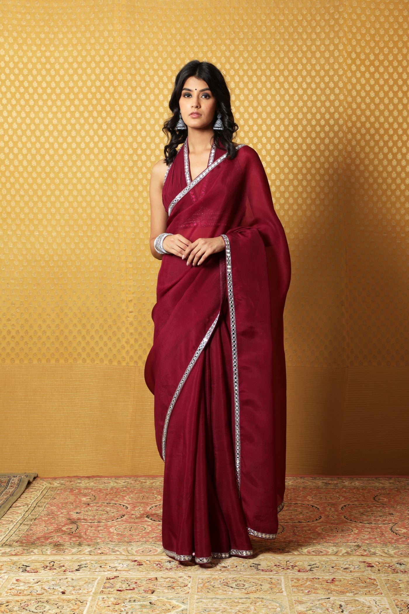 Hand-Embroidered Wine-Coloured Pure Silk-Organza Saree-Blouse Set