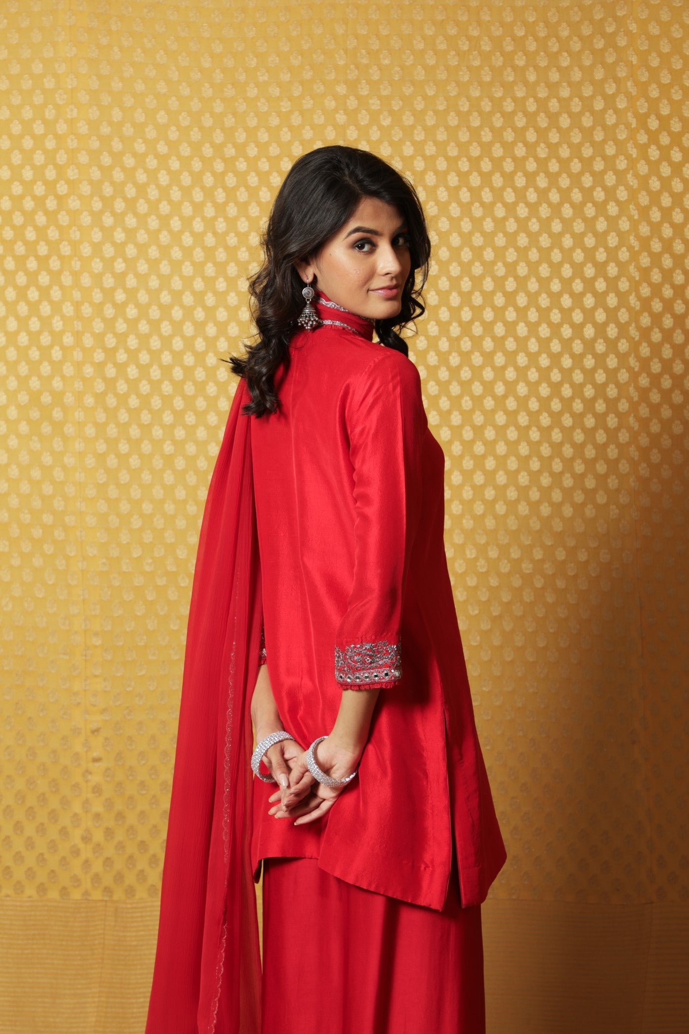 Hand-Embroidered Tomato-Red Pure Raw- Silk Short Kurta-Draped Skirt Set