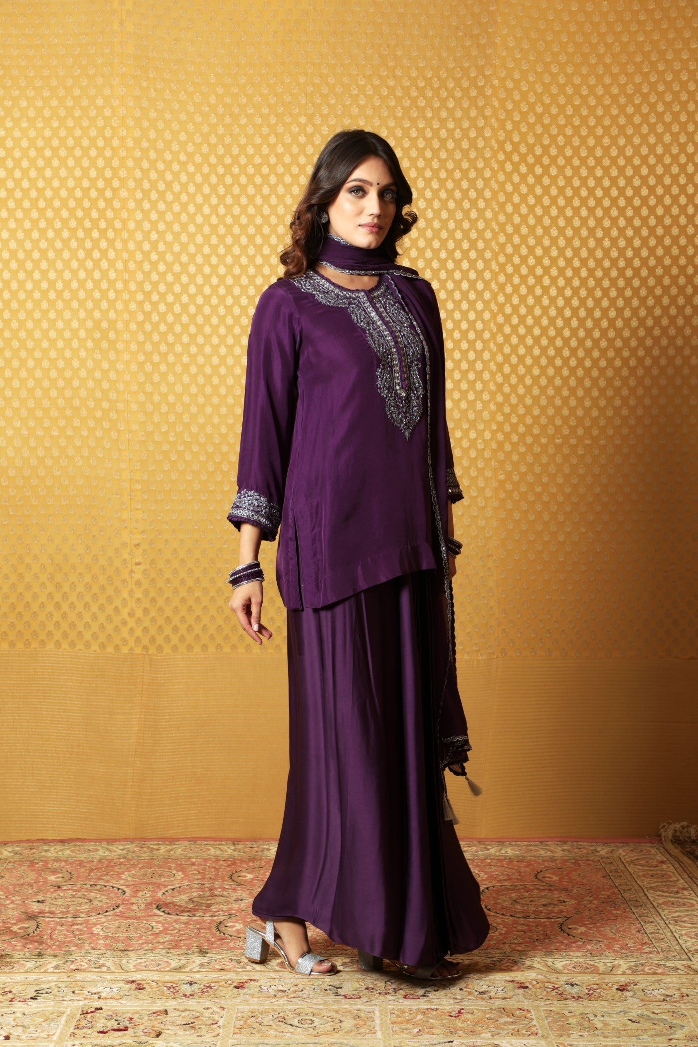 Hand-Embroidered Aubergine Pure Silk Short Kurta-Draped Skirt Set