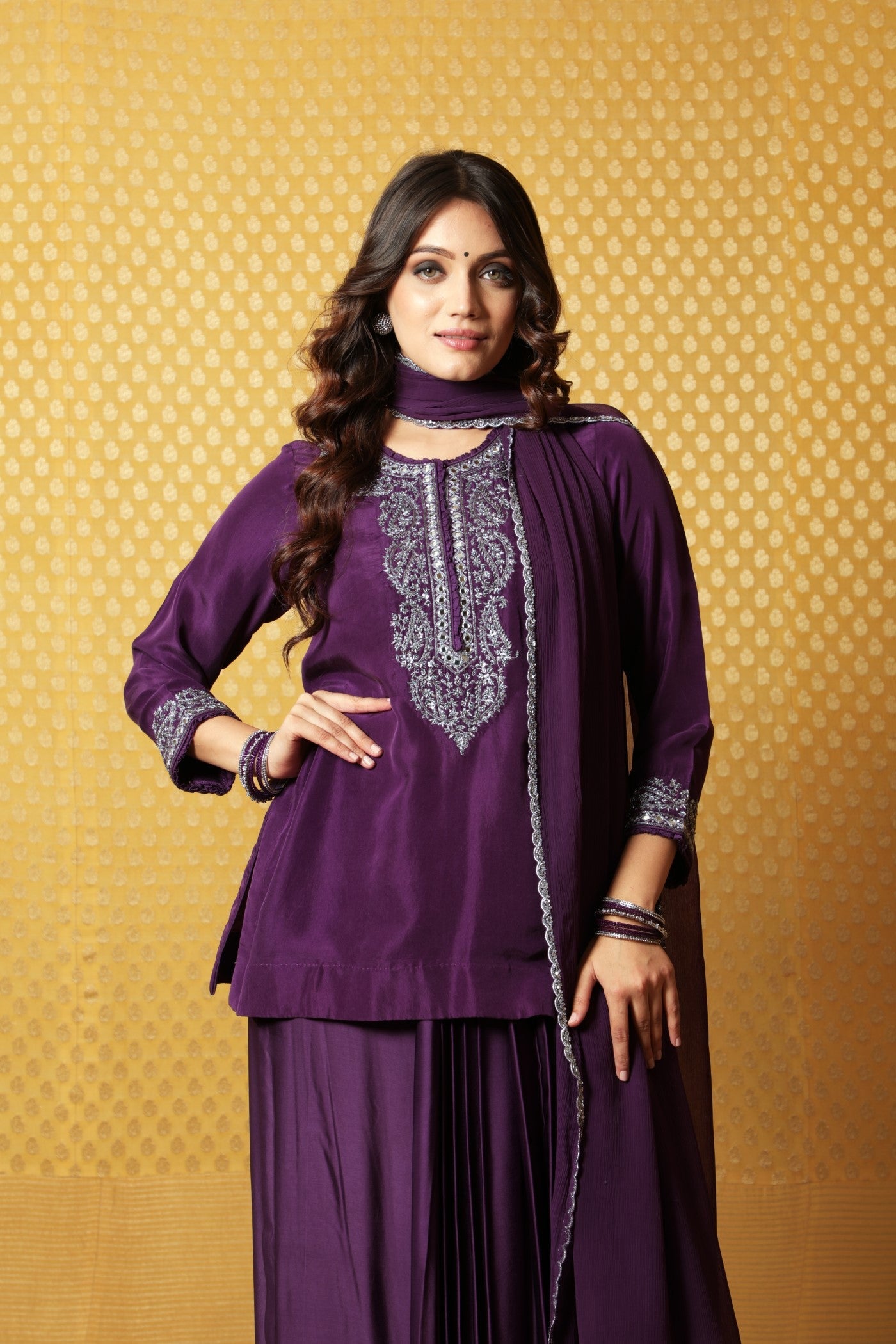 Hand-Embroidered Aubergine Pure Silk Short Kurta-Draped Skirt Set