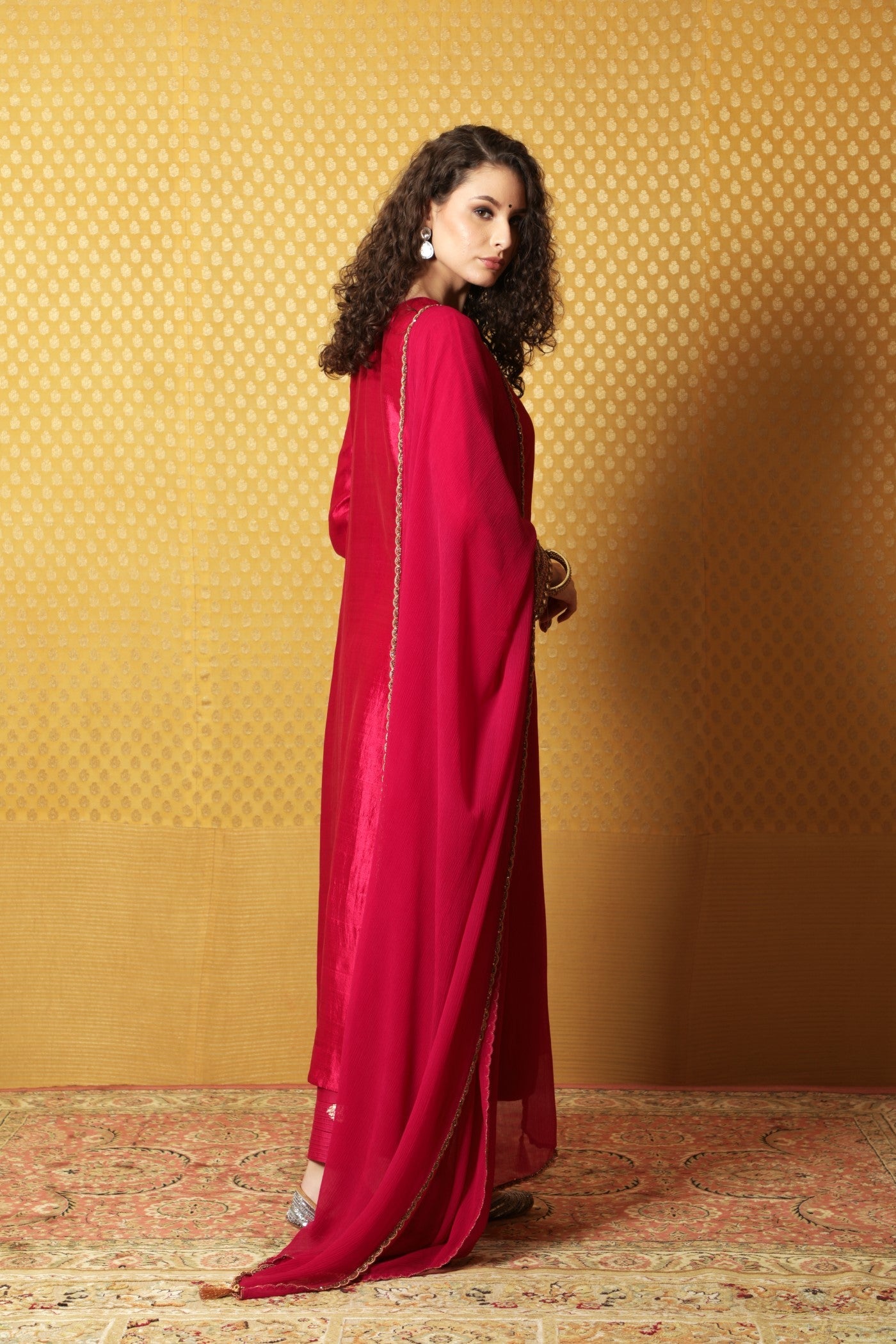 Jazzy-Pink Hand-Embroidered Pure Silk Kurta-Pants Set