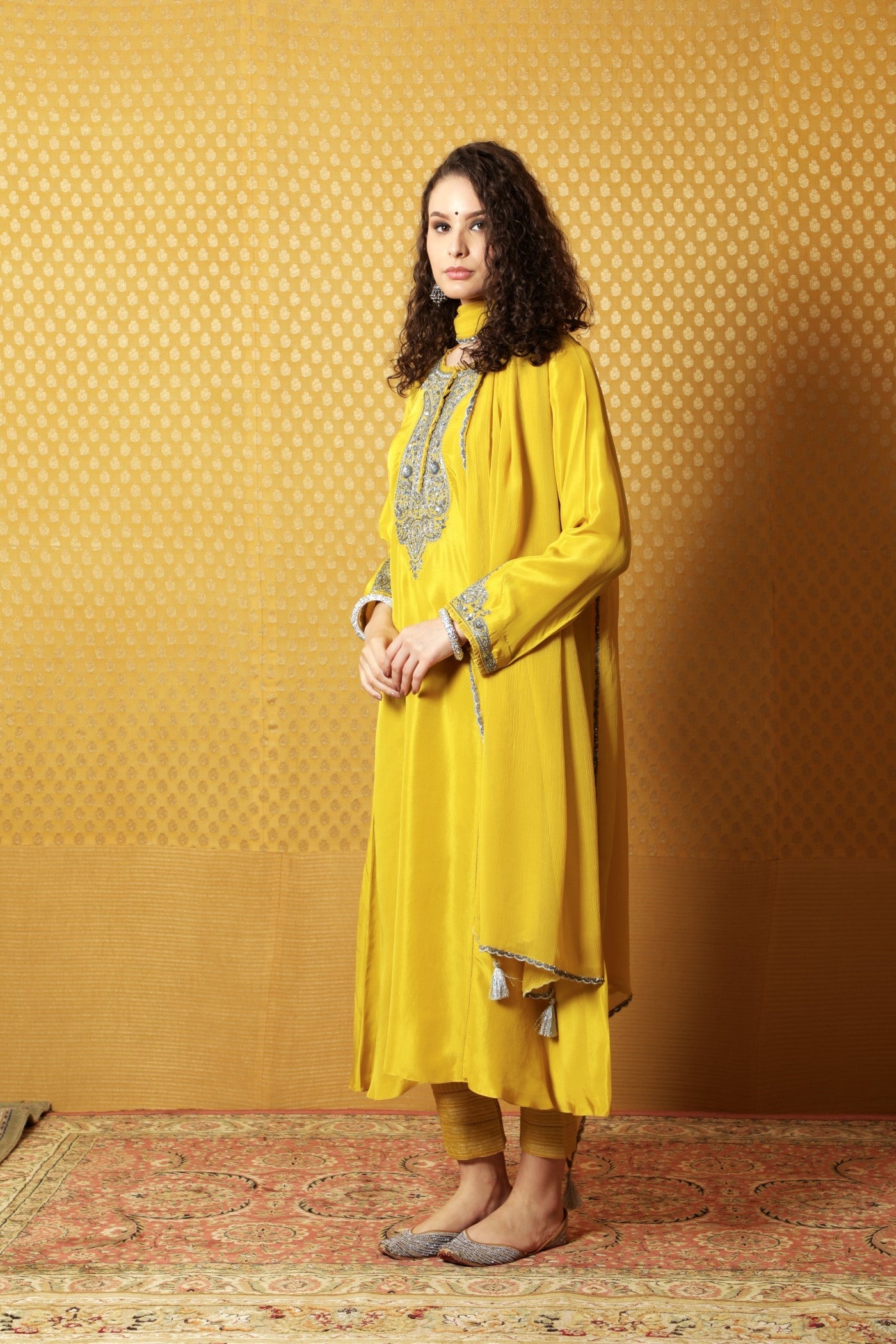 Dusty-Lime Hand-Embroidered Pure Silk Kurta-Pants Set