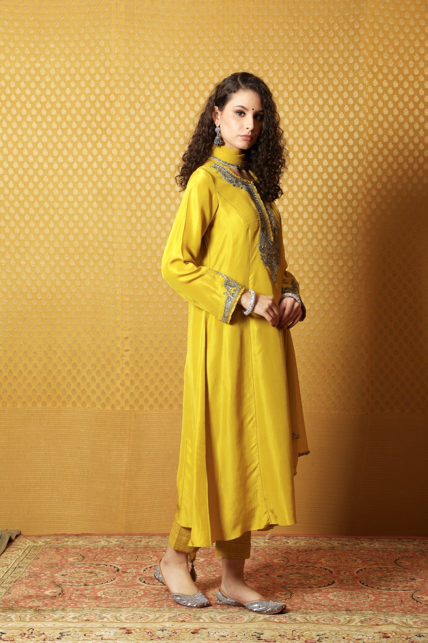 Dusty-Lime Hand-Embroidered Pure Silk Kurta-Pants Set