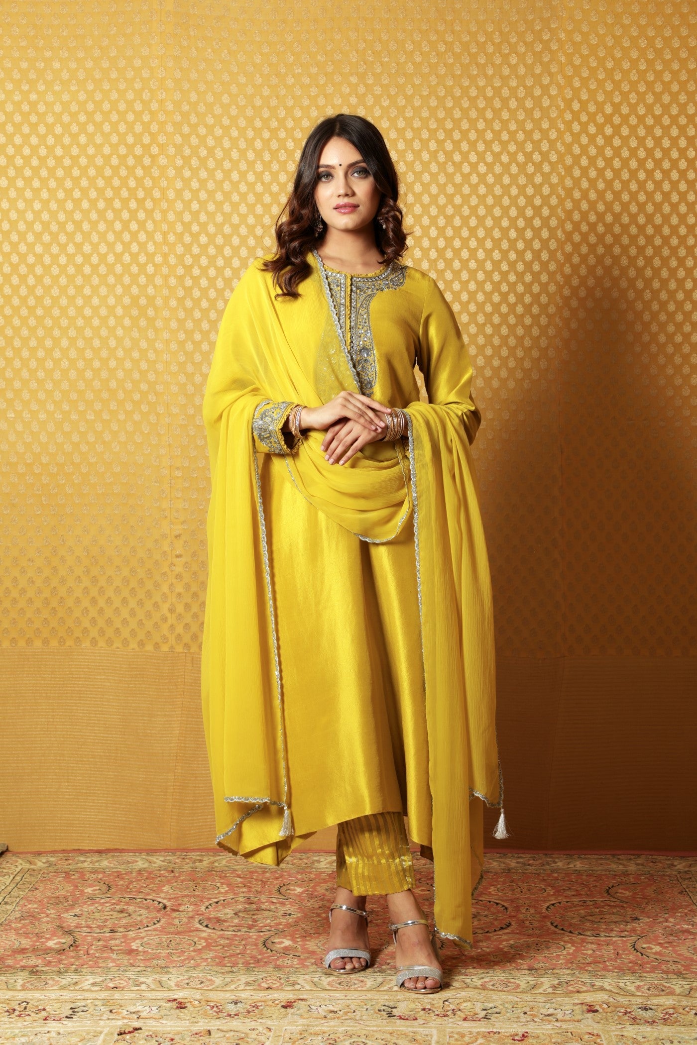 Dusty-Lime Hand-Embroidered Pure Raw- Silk Kurta-Pants Set