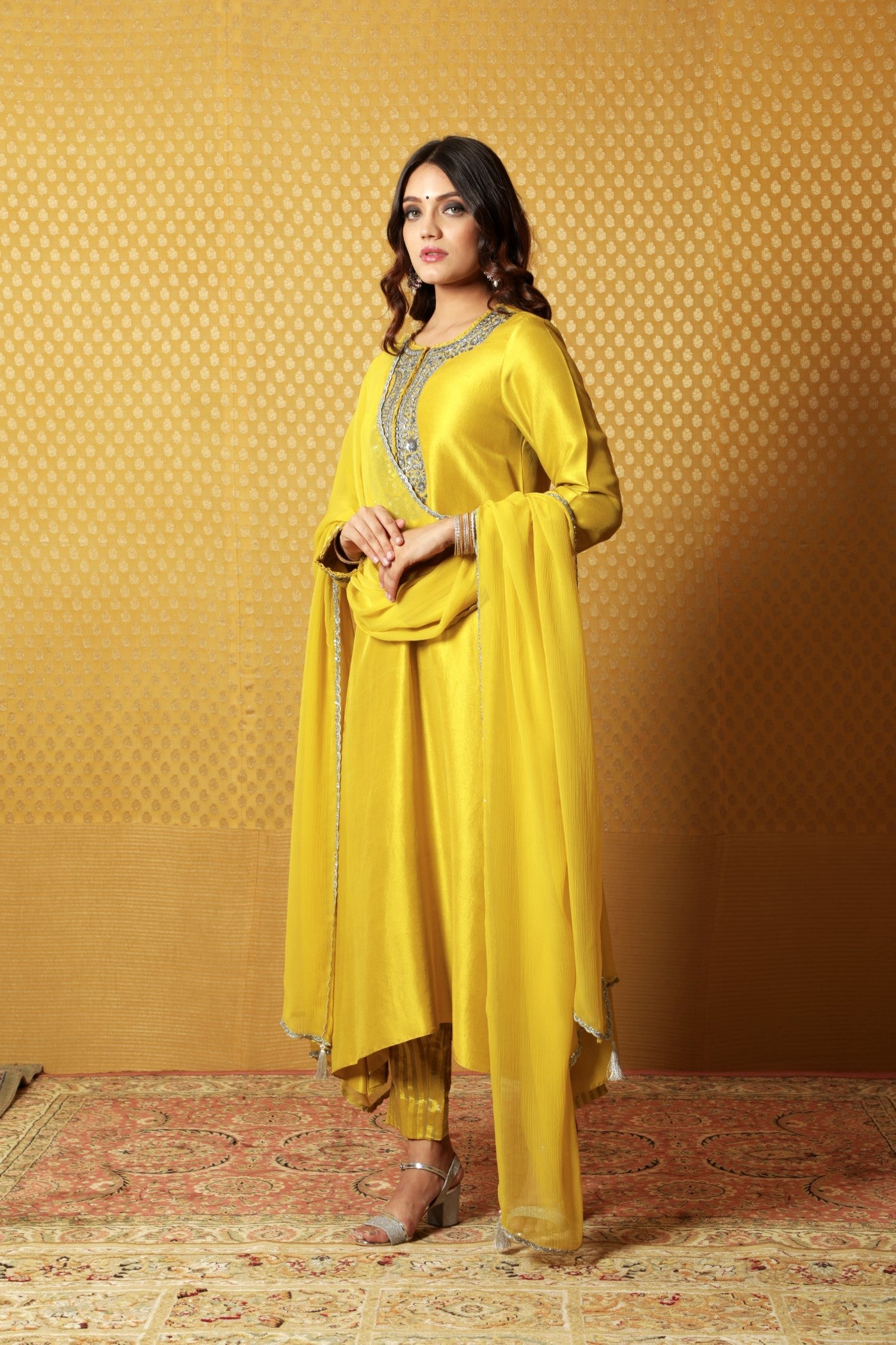 Dusty-Lime Hand-Embroidered Pure Raw- Silk Kurta-Pants Set