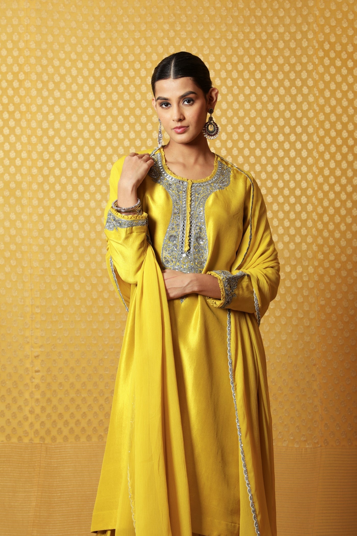 Dusty-Lime Hand-Embroidered Pure Silk Kurta-Salwar Set