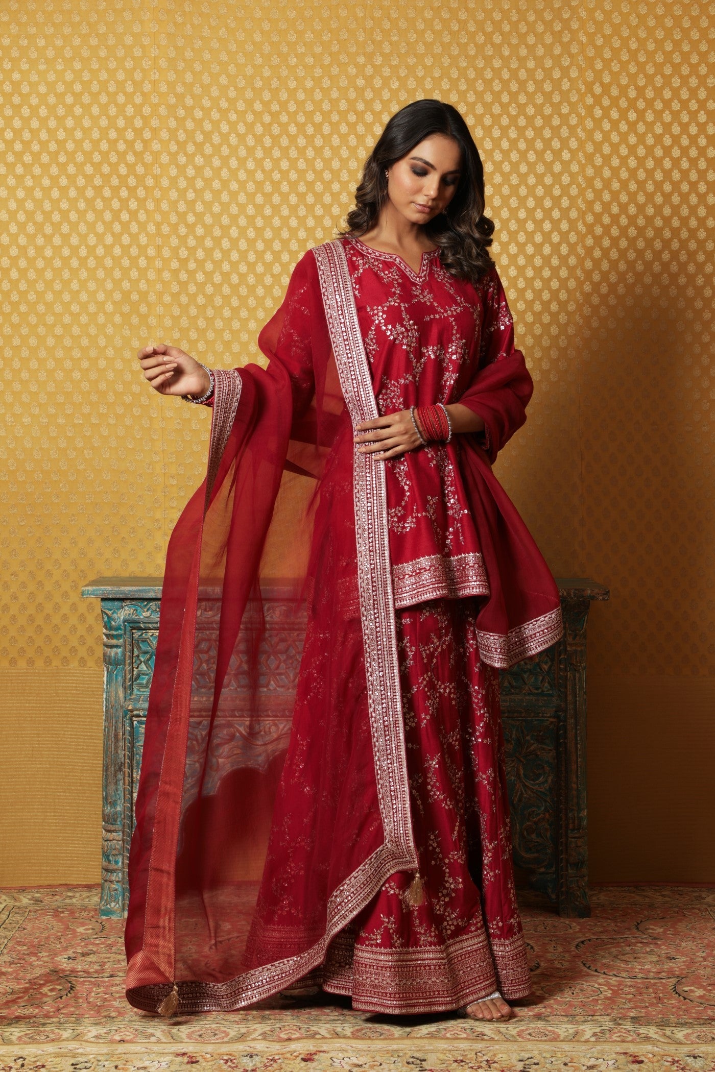 Hand-Embroidered Maroon Pure Muga-Silk Short-Kurta-Sharara Set