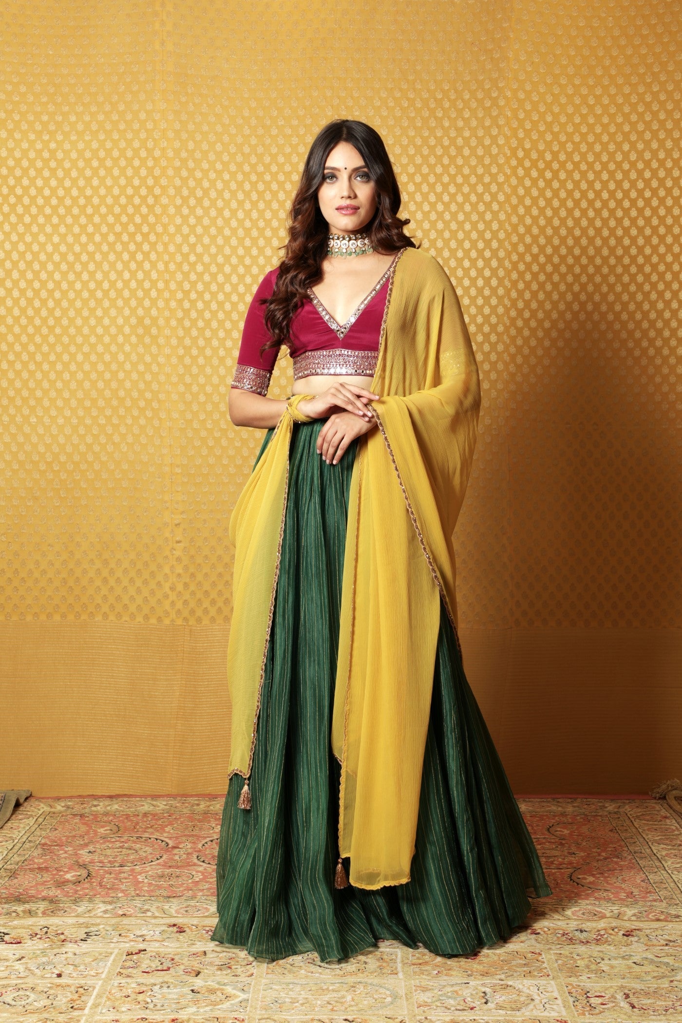 Hand-Embroidered Dark-Green Striped Pure Silk-Organza Lehenga Paired With Pure Crepe-Silk Blouse & Chiffon Dupatta (Dark-Green, Wine & Mustard)