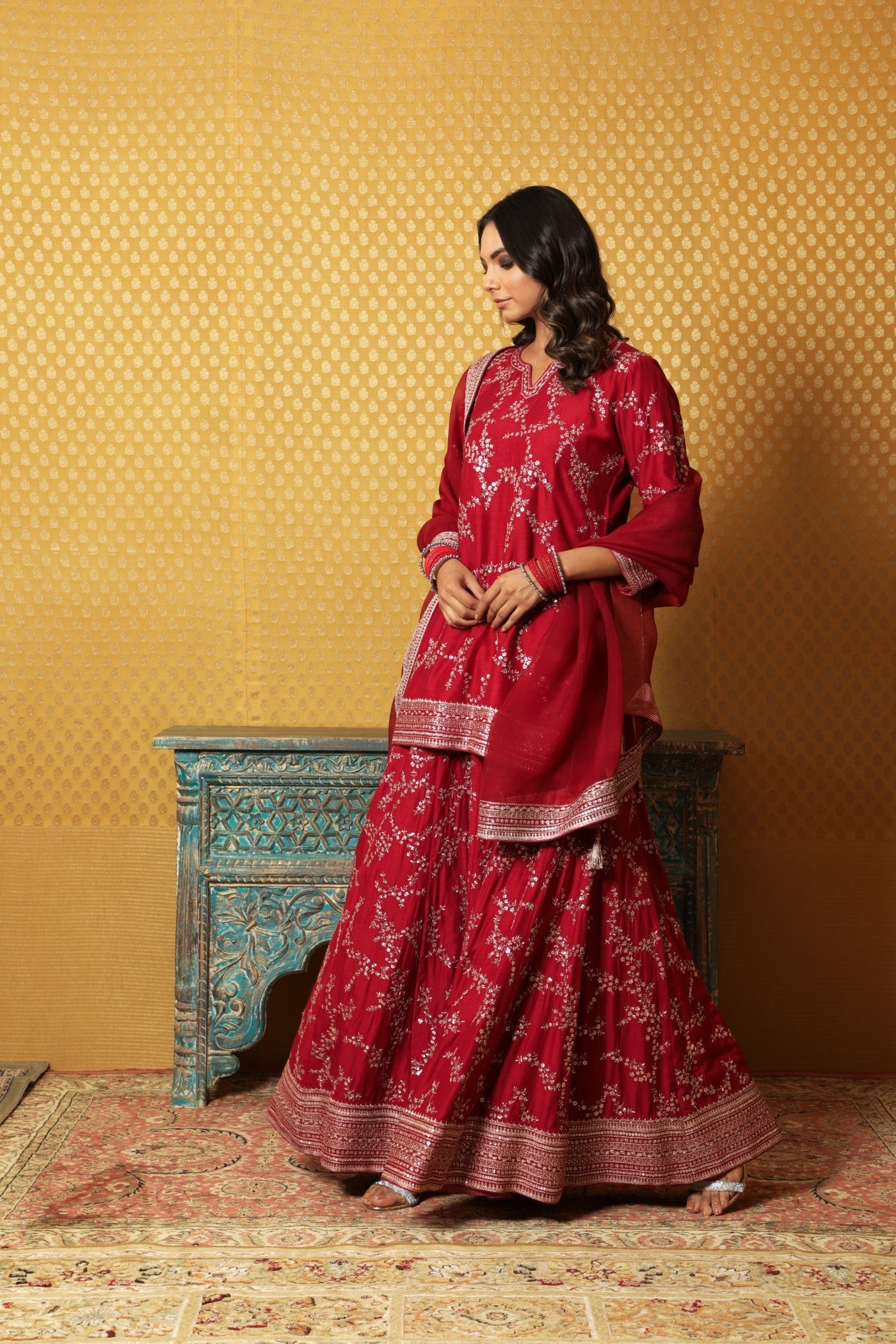 Hand-Embroidered Maroon Pure Muga-Silk Short-Kurta-Sharara Set