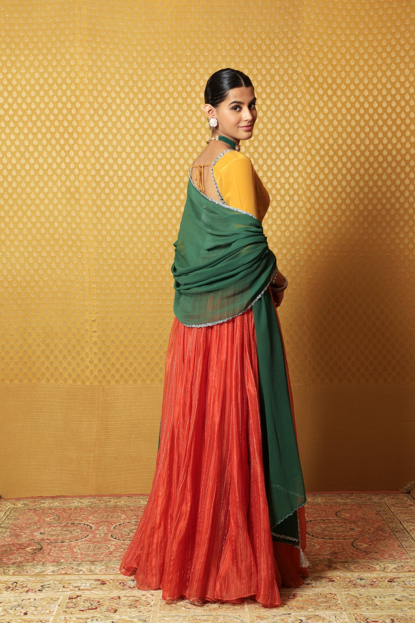 Hand-Embroidered Burnt-Orange Striped Pure Silk-Organza Lehenga Paired With Pure Crepe-Silk Blouse & Chiffon Dupatta (Burnt-Orange, Mustard & Green)