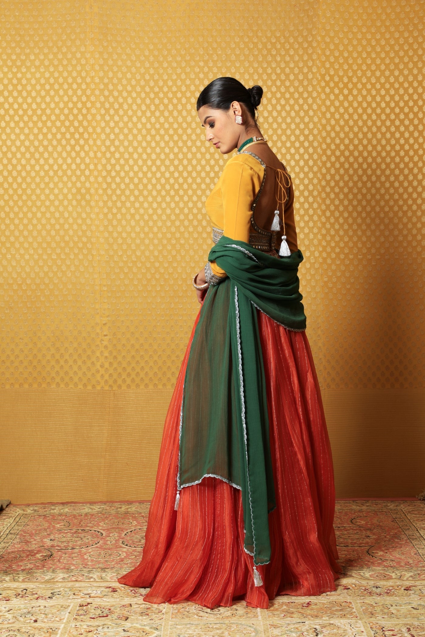 Hand-Embroidered Burnt-Orange Striped Pure Silk-Organza Lehenga Paired With Pure Crepe-Silk Blouse & Chiffon Dupatta (Burnt-Orange, Mustard & Green)