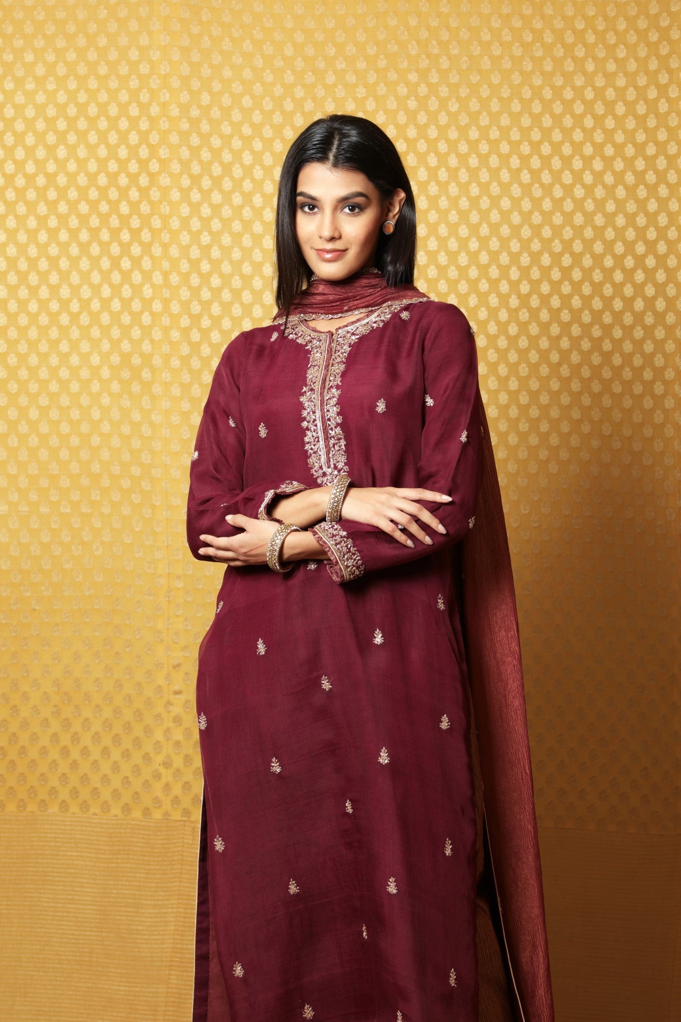 Hand-Embroidered Deep-Wine Pure Katan- Silk Kurta-Pants Set