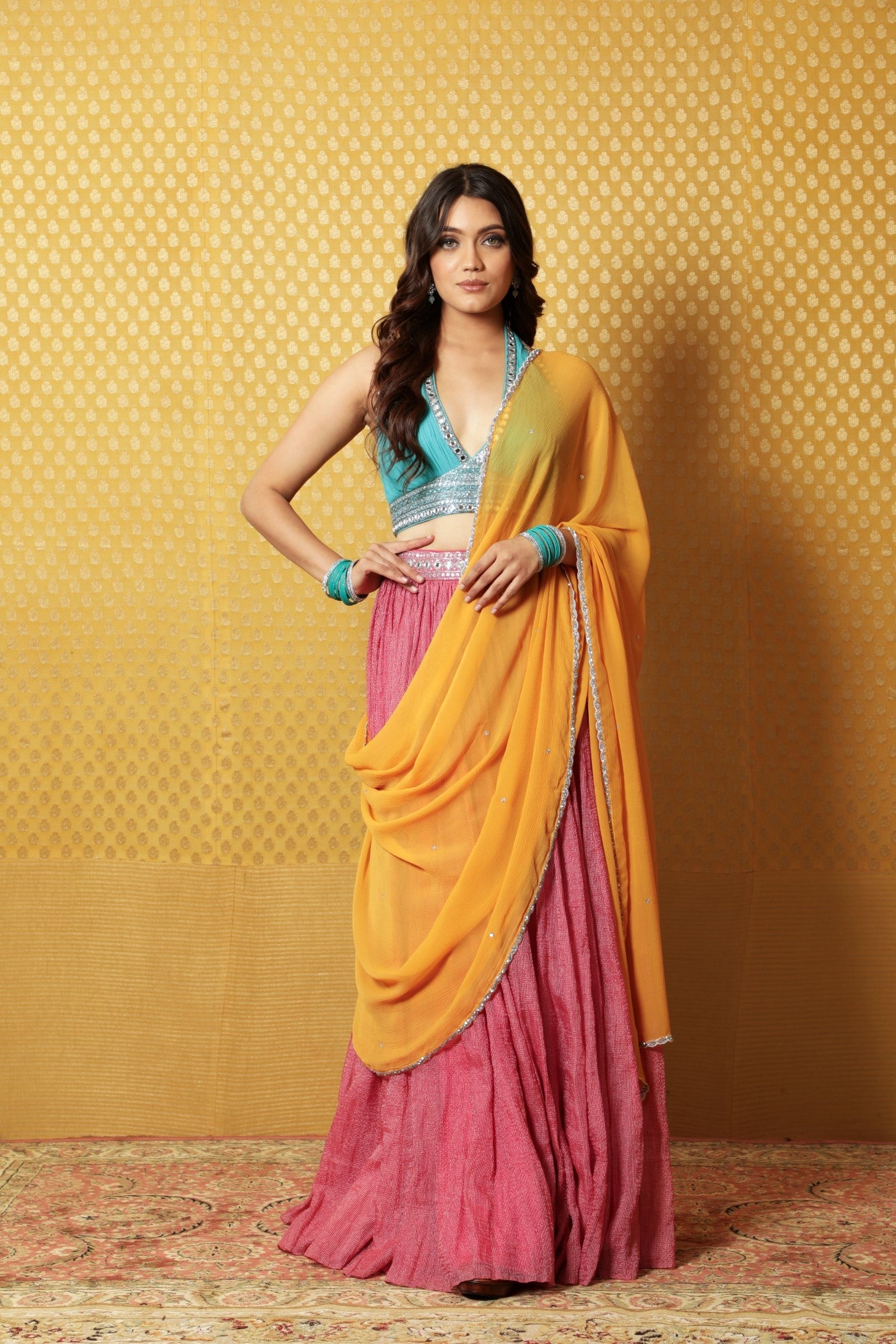 Hand-Embroidered Pink & Sea-Blue Pure Cotton-Silk With Metallic Checks Lehenga Paired With Georgette Blouse & Chiffon Dupatta
(Pink, Sea-Blue & Sunset-Yellow))