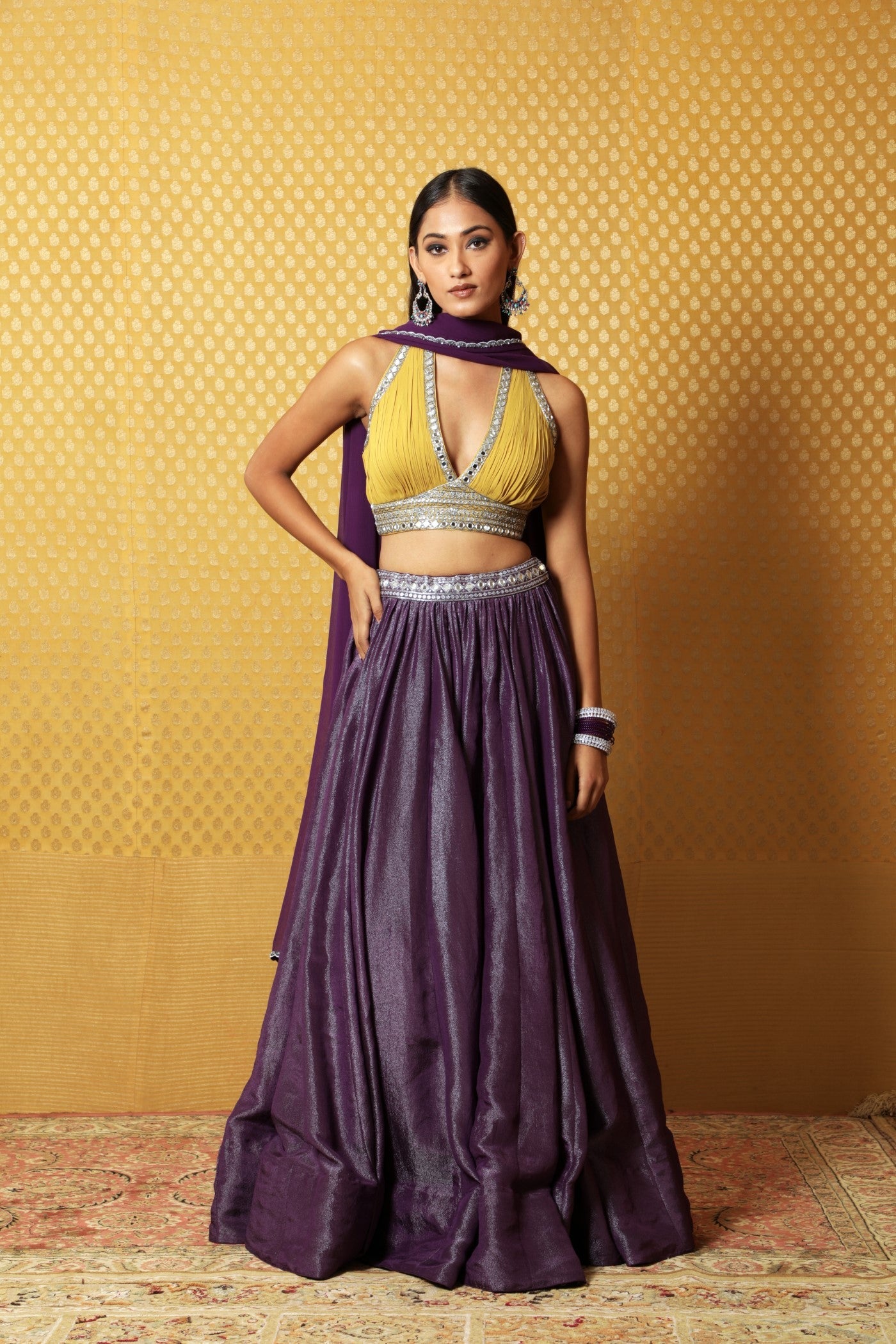 Hand-Embroidered Aubergine Silk-Tissue Lehenga Paired With Georgette Blouse & Chiffon Dupatta
(Aubergine & Mustard)