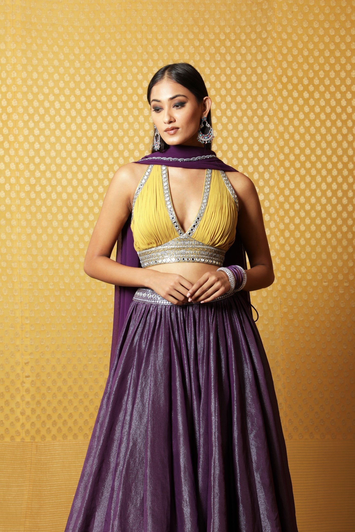 Hand-Embroidered Aubergine Silk-Tissue Lehenga Paired With Georgette Blouse & Chiffon Dupatta
(Aubergine & Mustard)