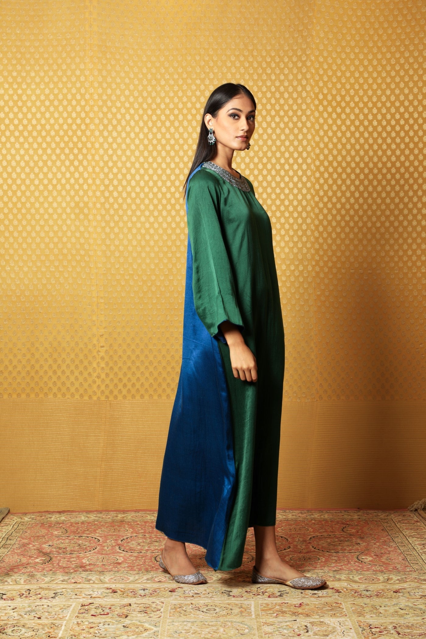 Royal-Blue & Bottle-Green Hand- Embroidered Handloom Pure Mashru Long Dress