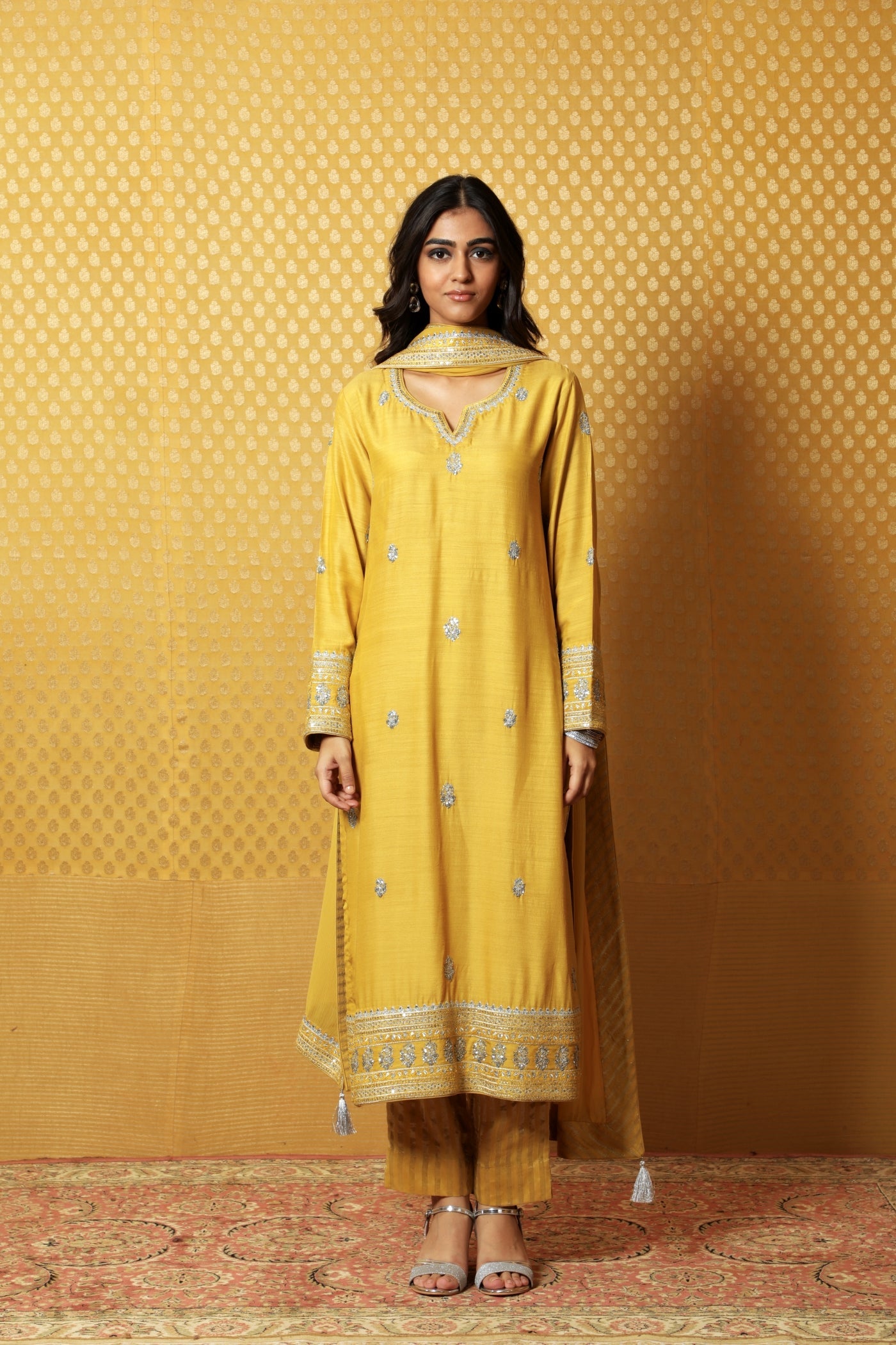 Dusty-Lime Embroidered Pure Muga-Silk Kurta-Pants Set