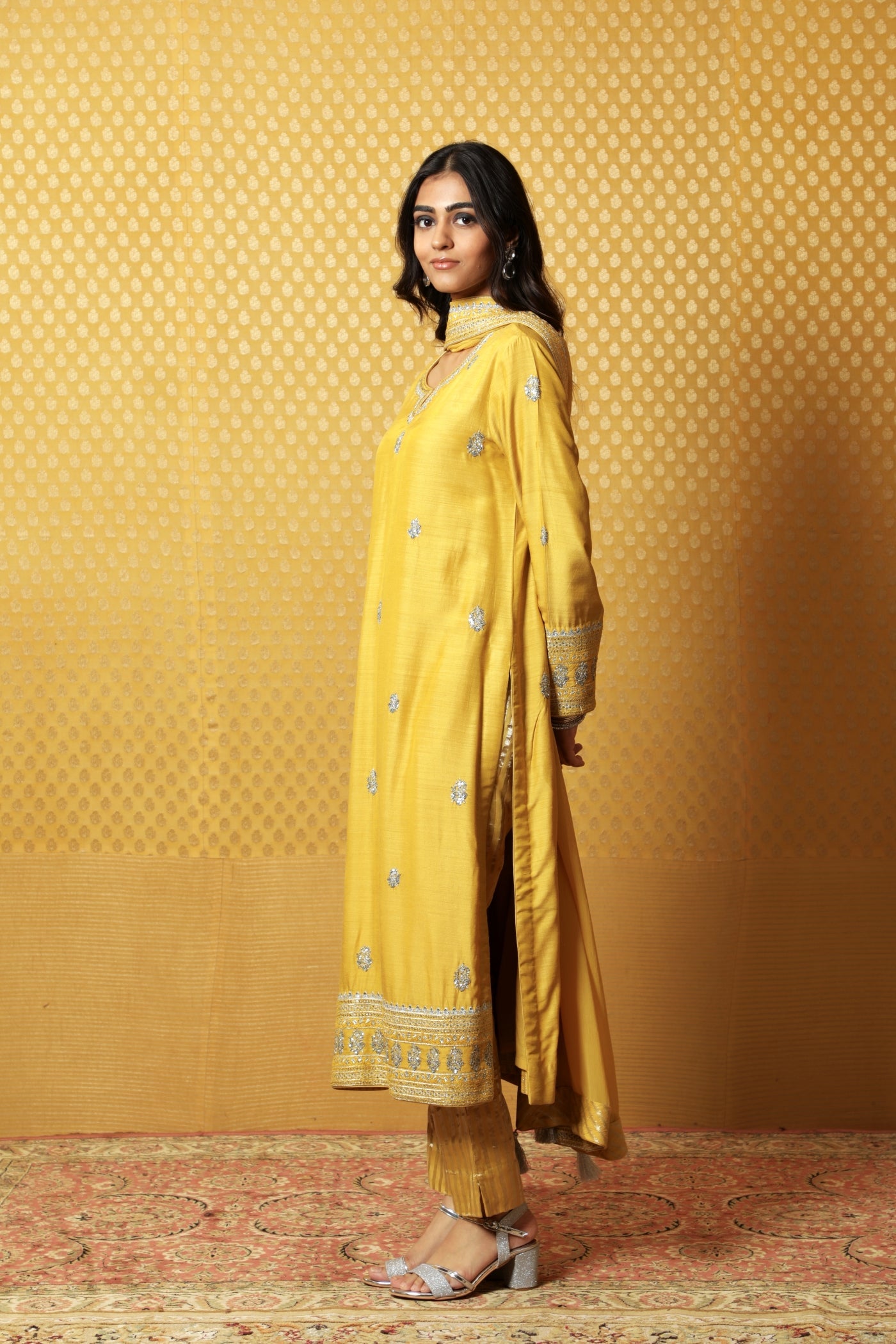 Dusty-Lime Embroidered Pure Muga-Silk Kurta-Pants Set