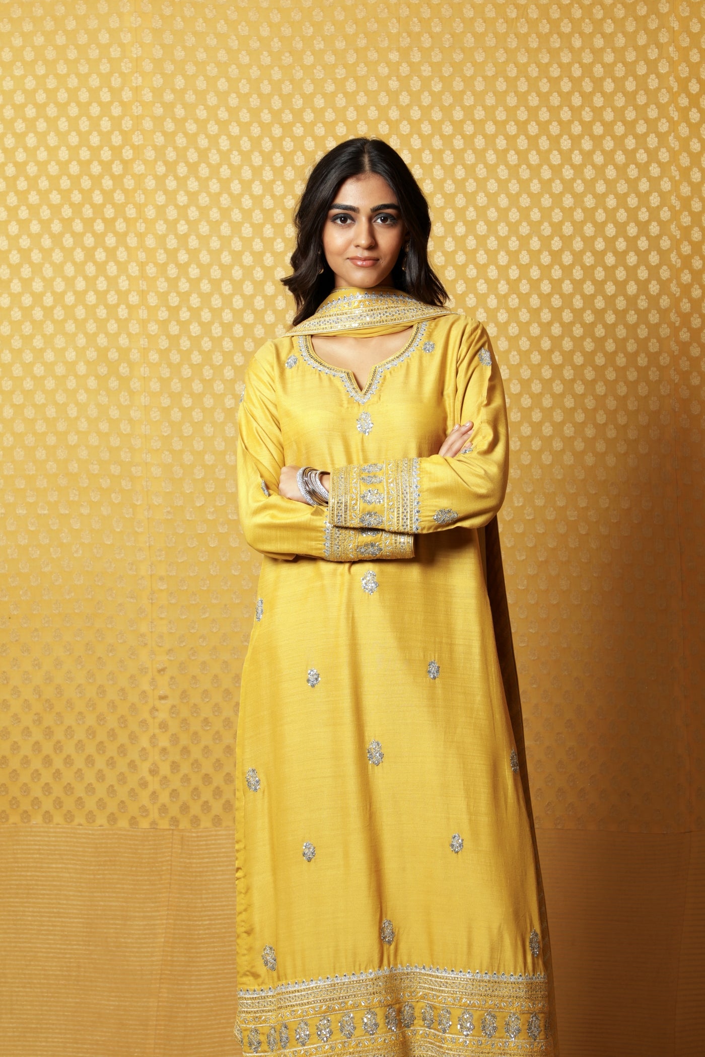 Dusty-Lime Embroidered Pure Muga-Silk Kurta-Pants Set