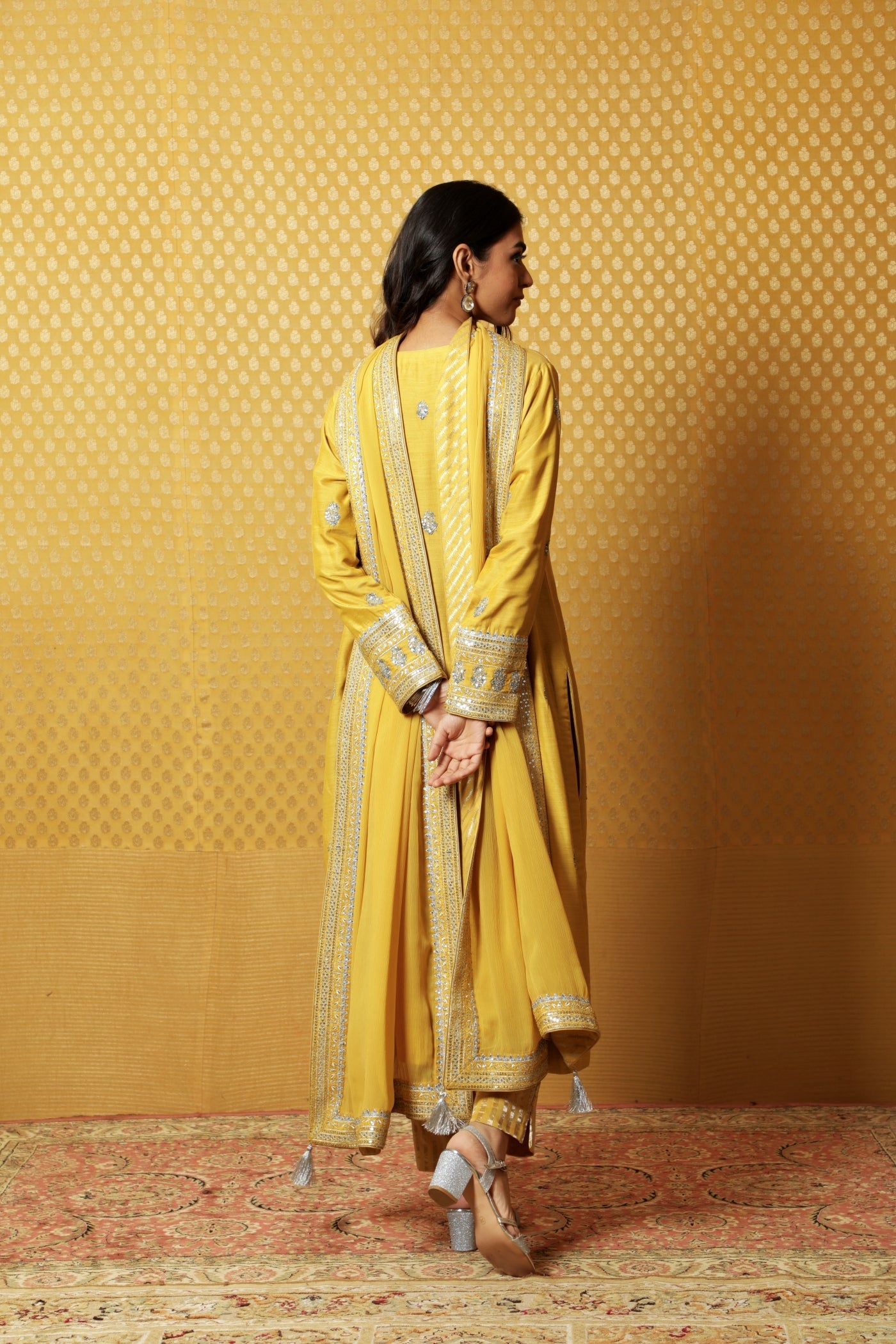 Dusty-Lime Embroidered Pure Muga-Silk Kurta-Pants Set