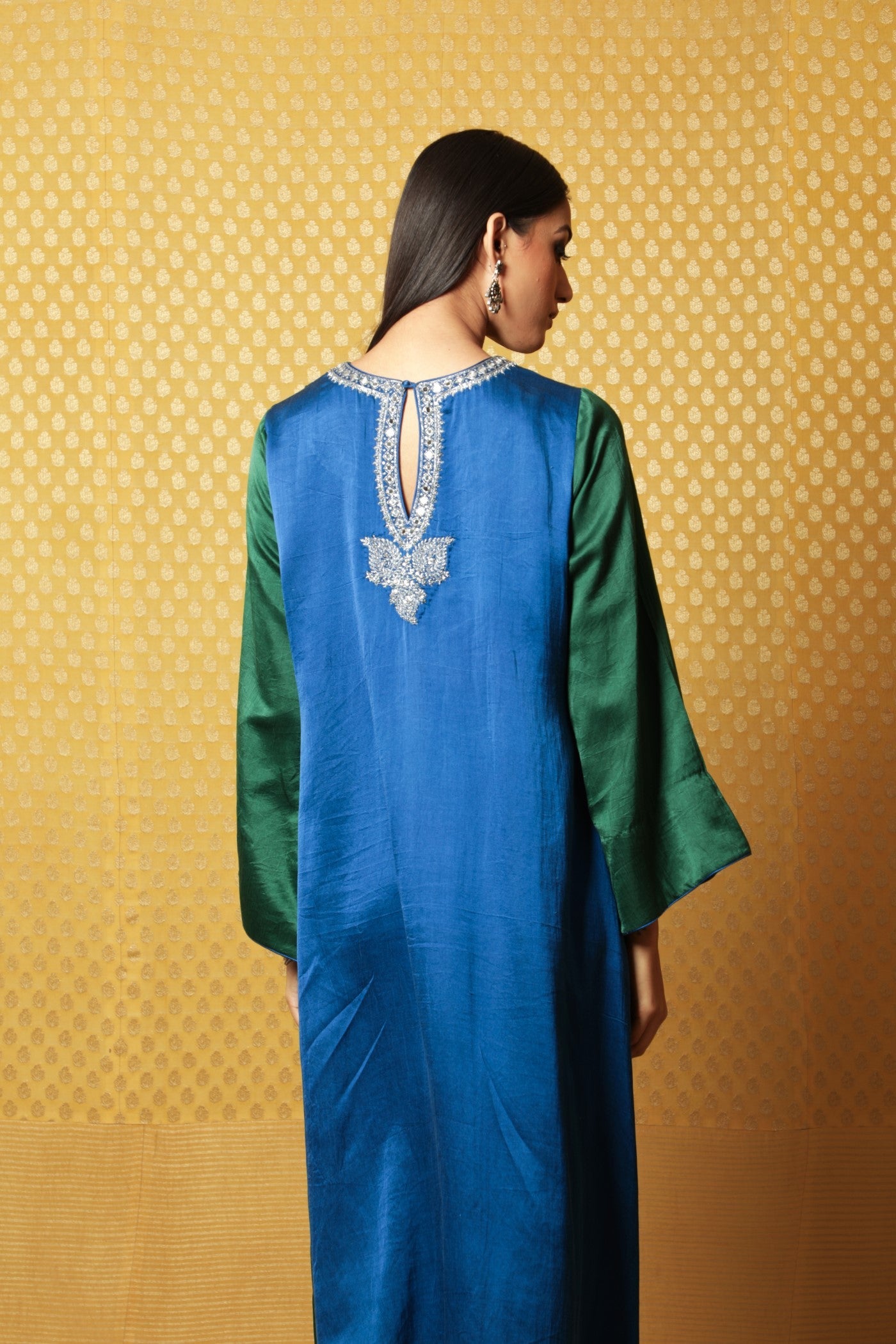 Royal-Blue & Bottle-Green Hand- Embroidered Handloom Pure Mashru Long Dress