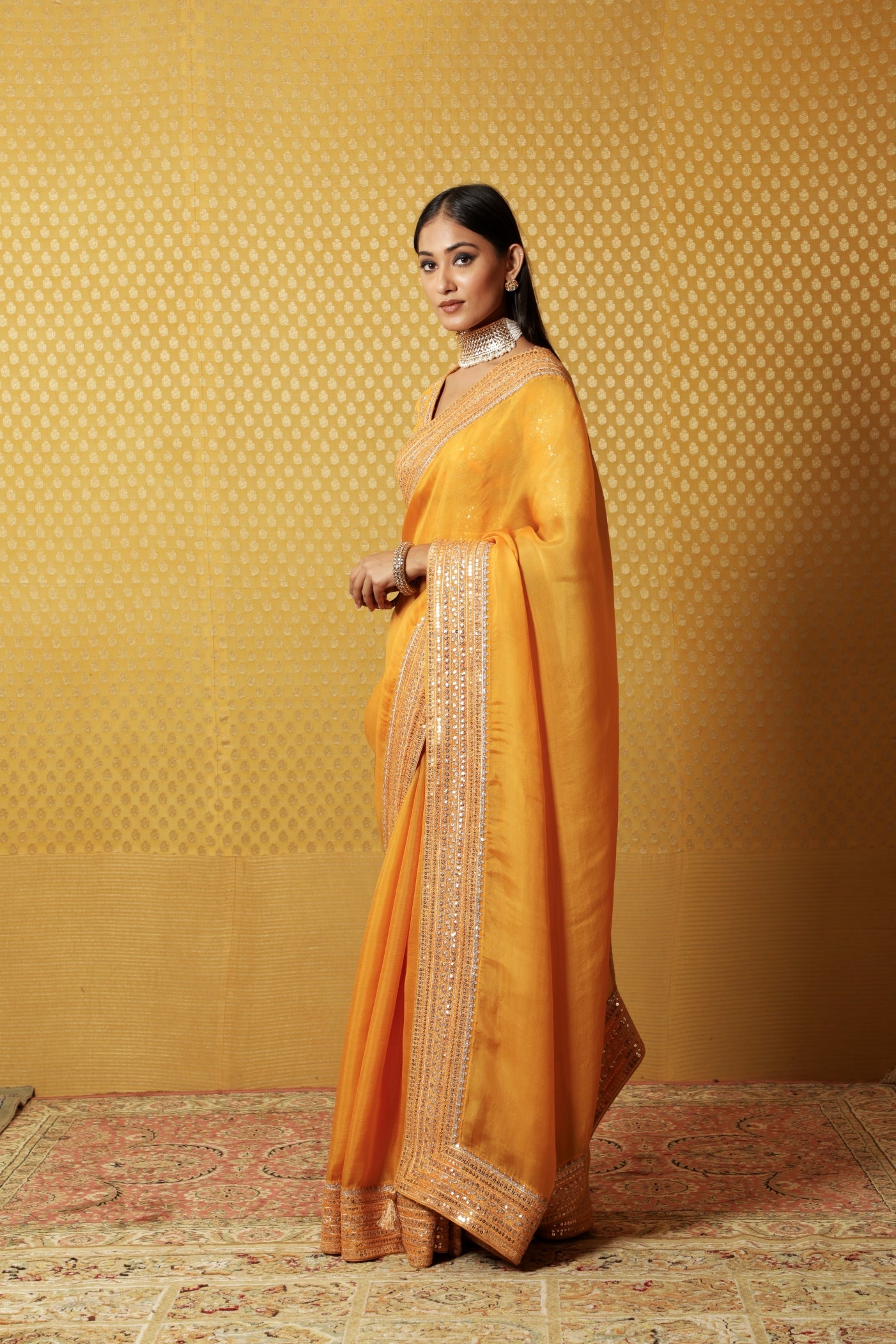 Mustard-Yellow Embroidered Pure Silk- Organza Saree-Blouse Set