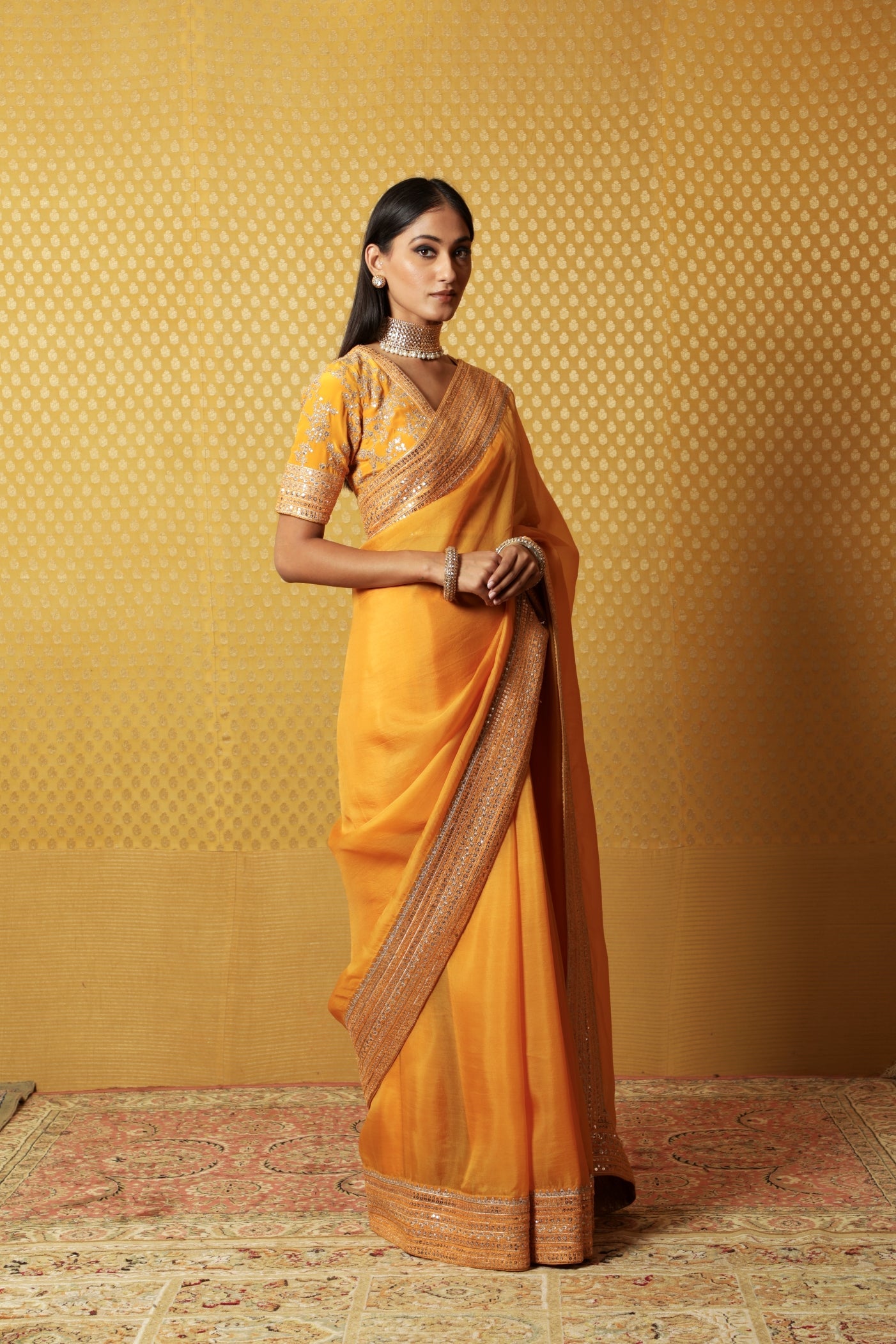 Mustard-Yellow Embroidered Pure Silk- Organza Saree-Blouse Set