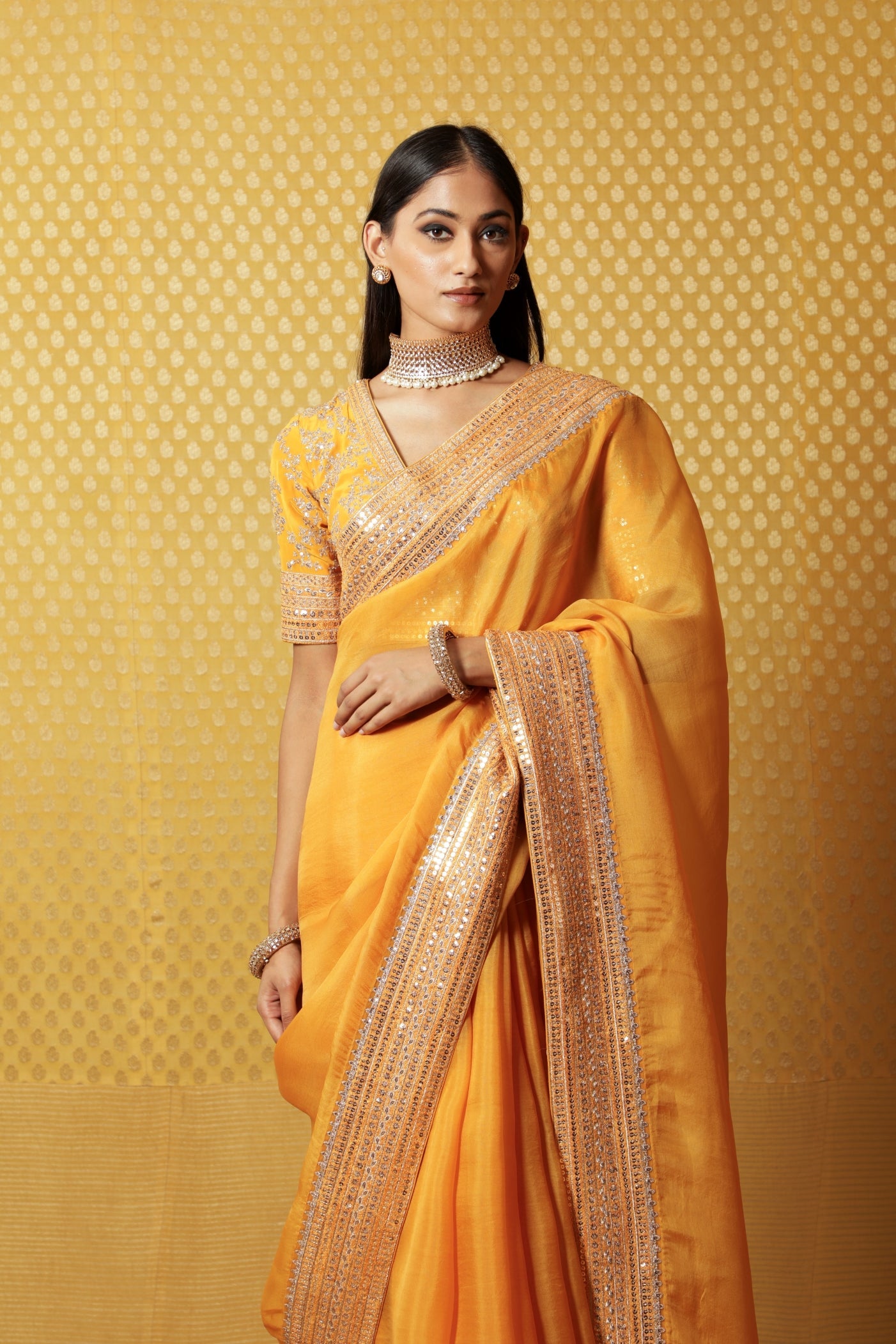 Mustard-Yellow Embroidered Pure Silk- Organza Saree-Blouse Set
