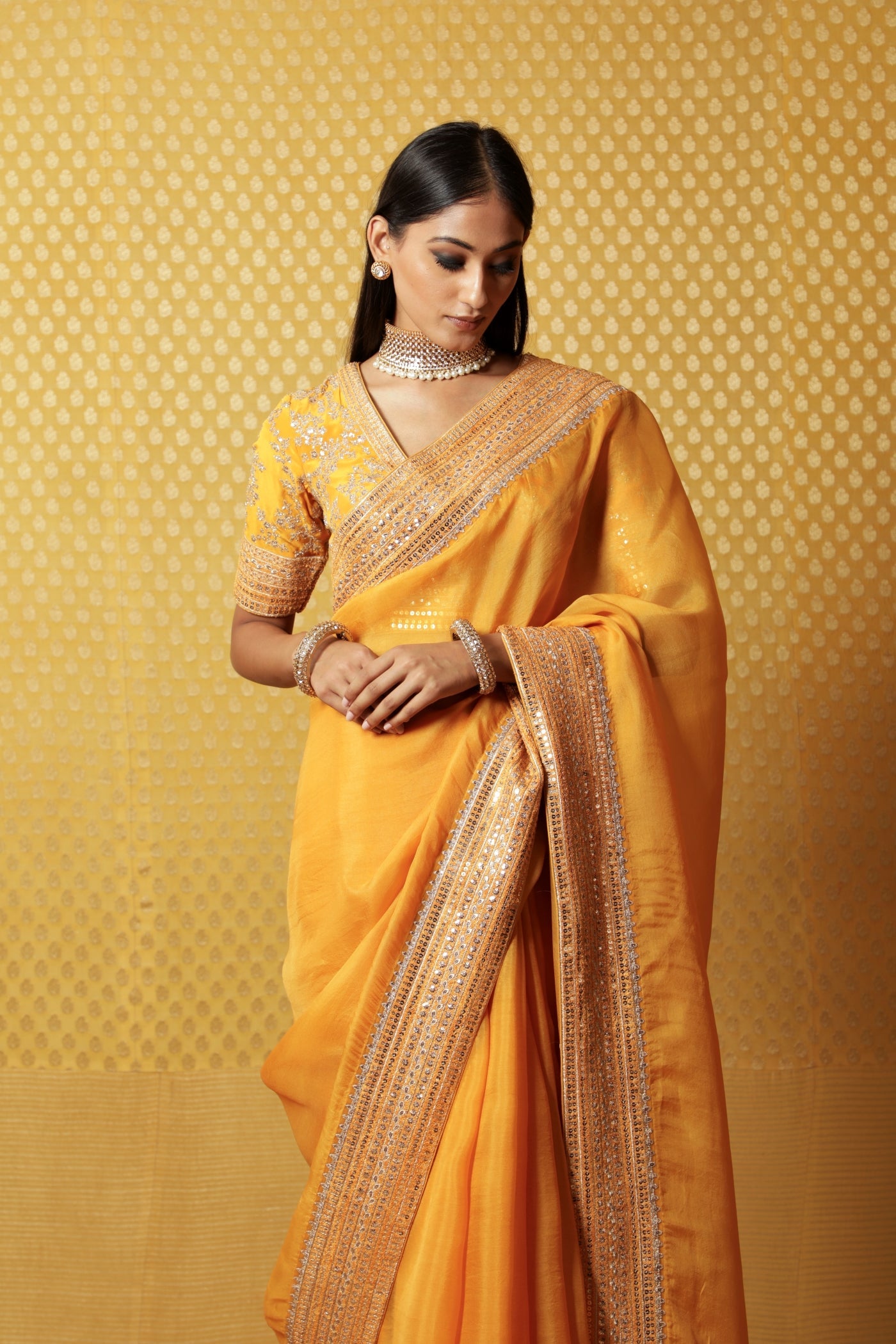Mustard-Yellow Embroidered Pure Silk- Organza Saree-Blouse Set