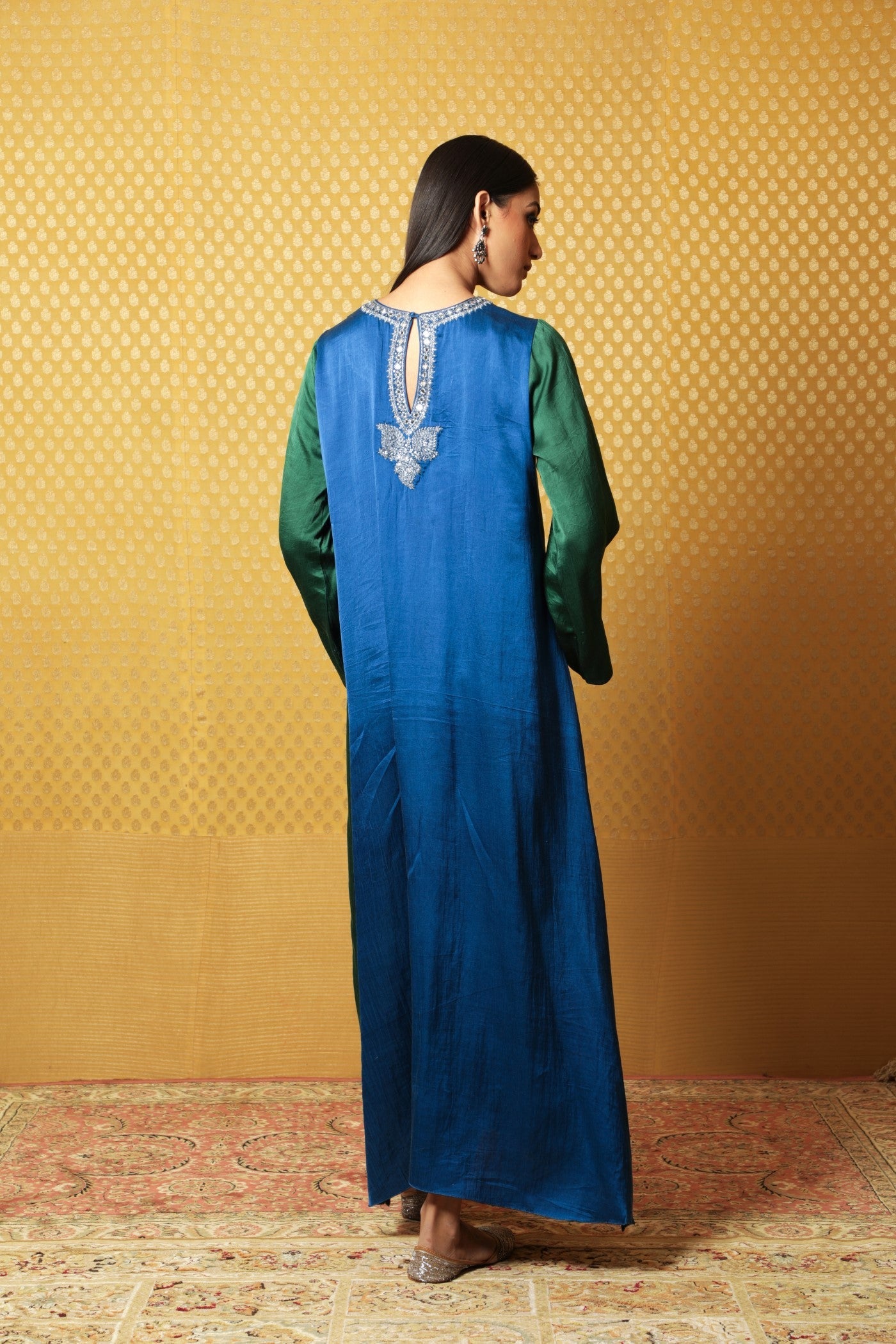 Royal-Blue & Bottle-Green Hand- Embroidered Handloom Pure Mashru Long Dress