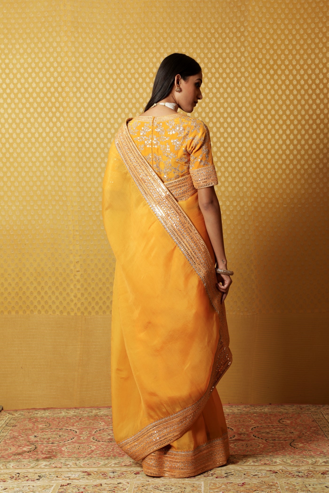 Mustard-Yellow Embroidered Pure Silk- Organza Saree-Blouse Set