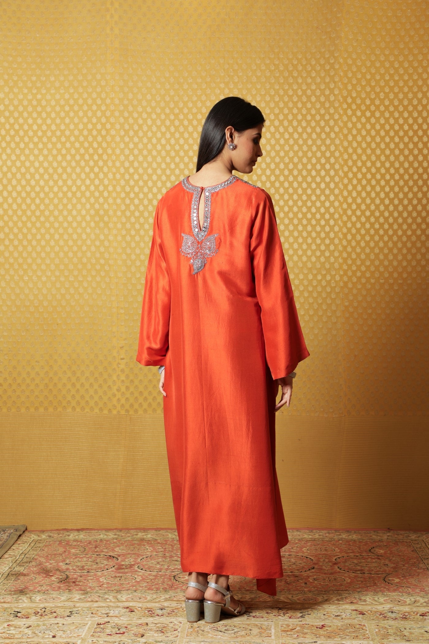 Burnt-Orange Hand-Embroidered Pure Raw Silk Long Dress