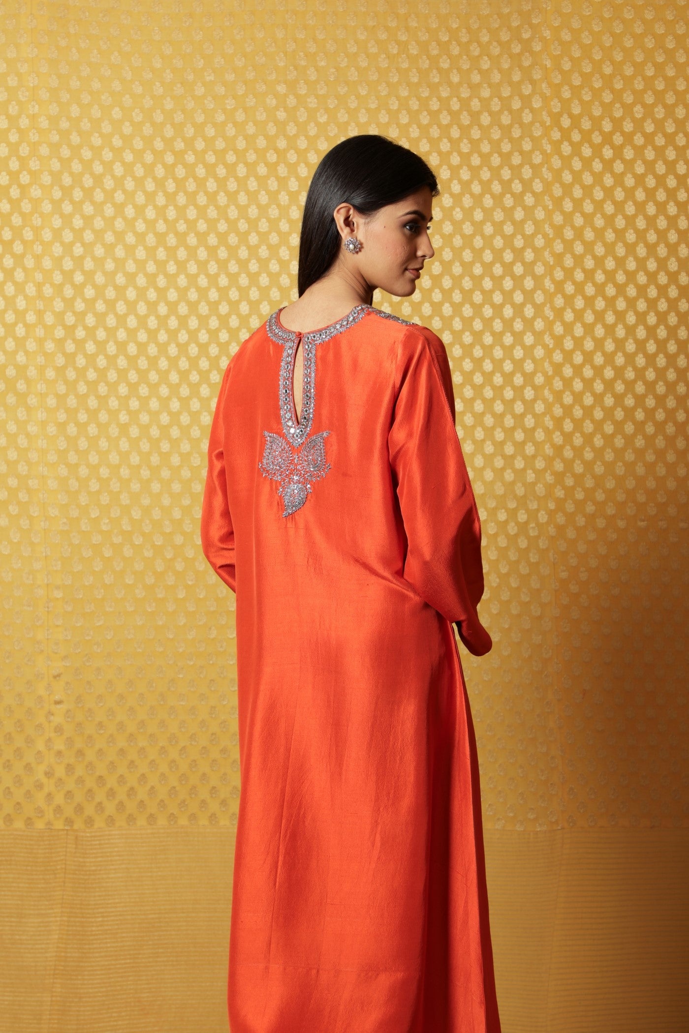 Burnt-Orange Hand-Embroidered Pure Raw Silk Long Dress