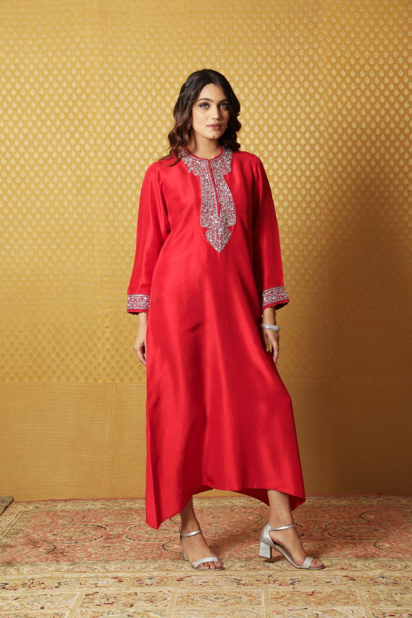 Tomato-Red Hand-Embroidered Pure Raw Silk Long Dress