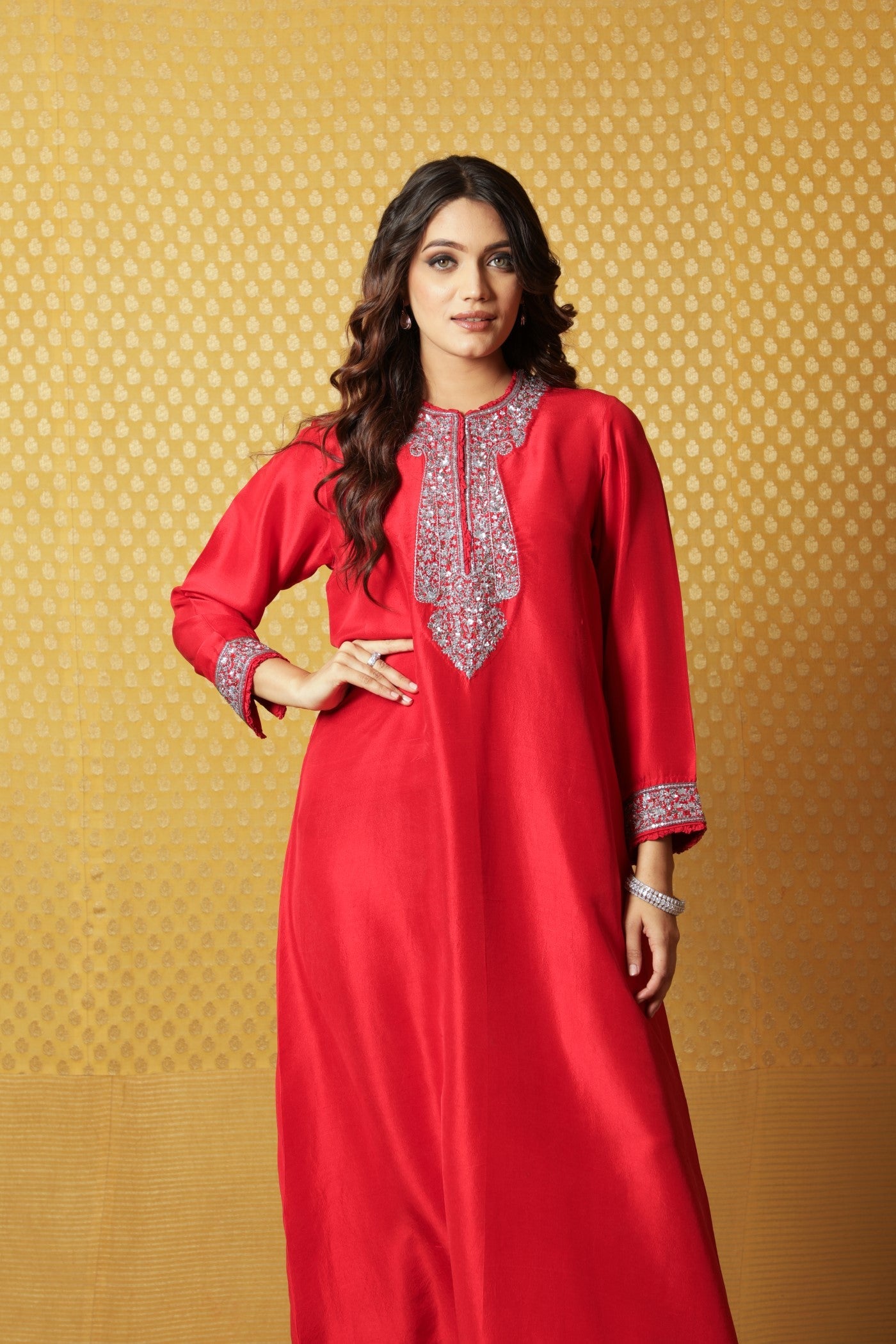 Tomato-Red Hand-Embroidered Pure Raw Silk Long Dress