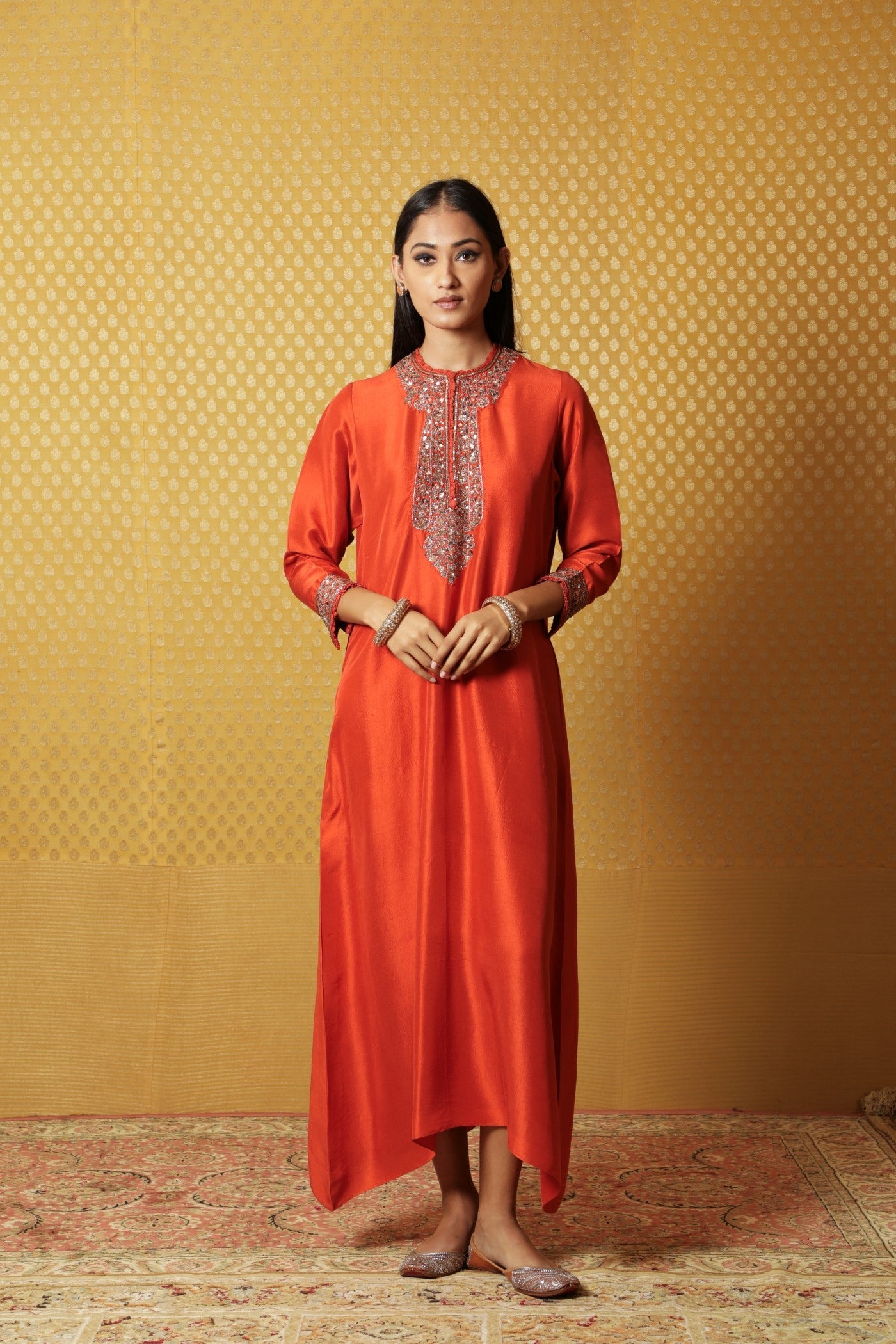Burnt-Orange Hand-Embroidered Pure Raw Silk Long Dress