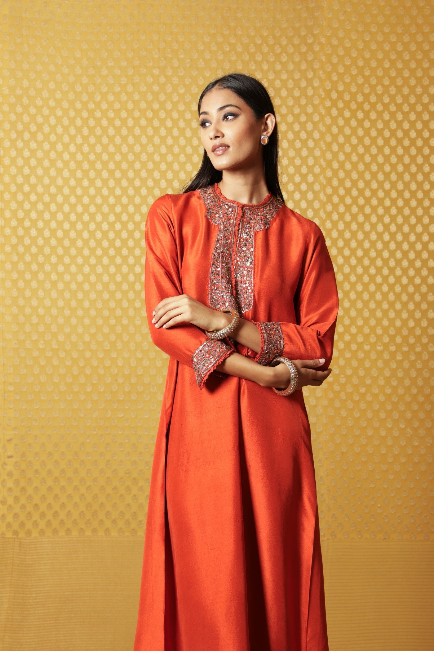 Burnt-Orange Hand-Embroidered Pure Raw Silk Long Dress
