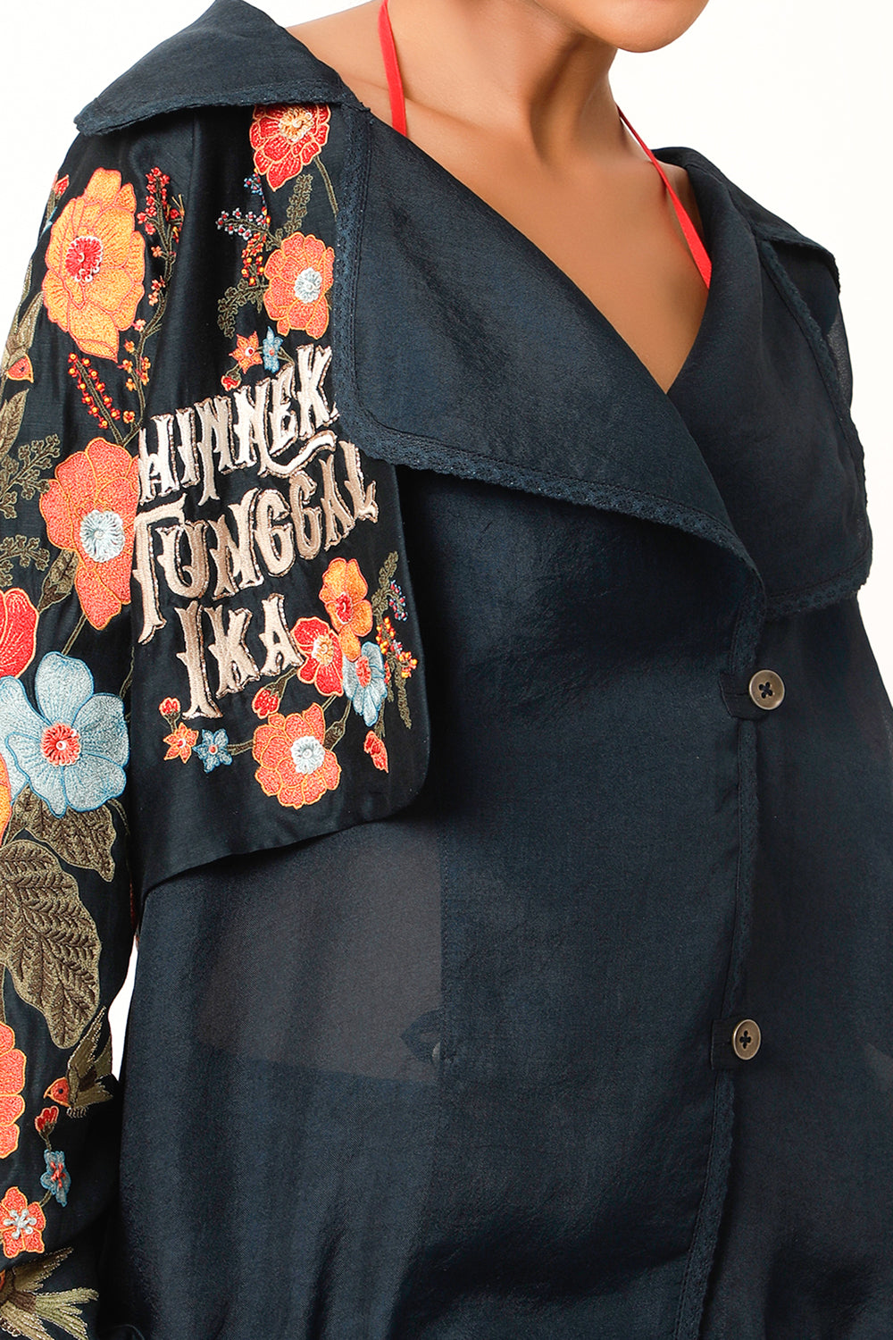 Foliage Embroidered Trench Bomber Jacket - Auraya Fashion 