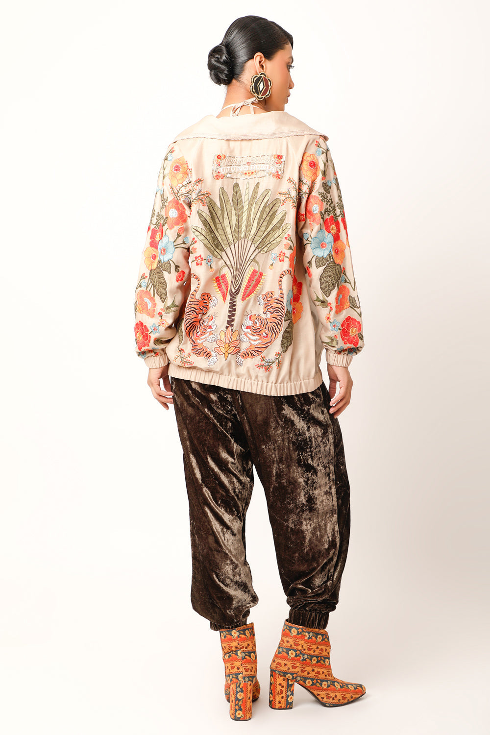 Foliage Embroidered Trench Bomber Jacket - Auraya Fashion 